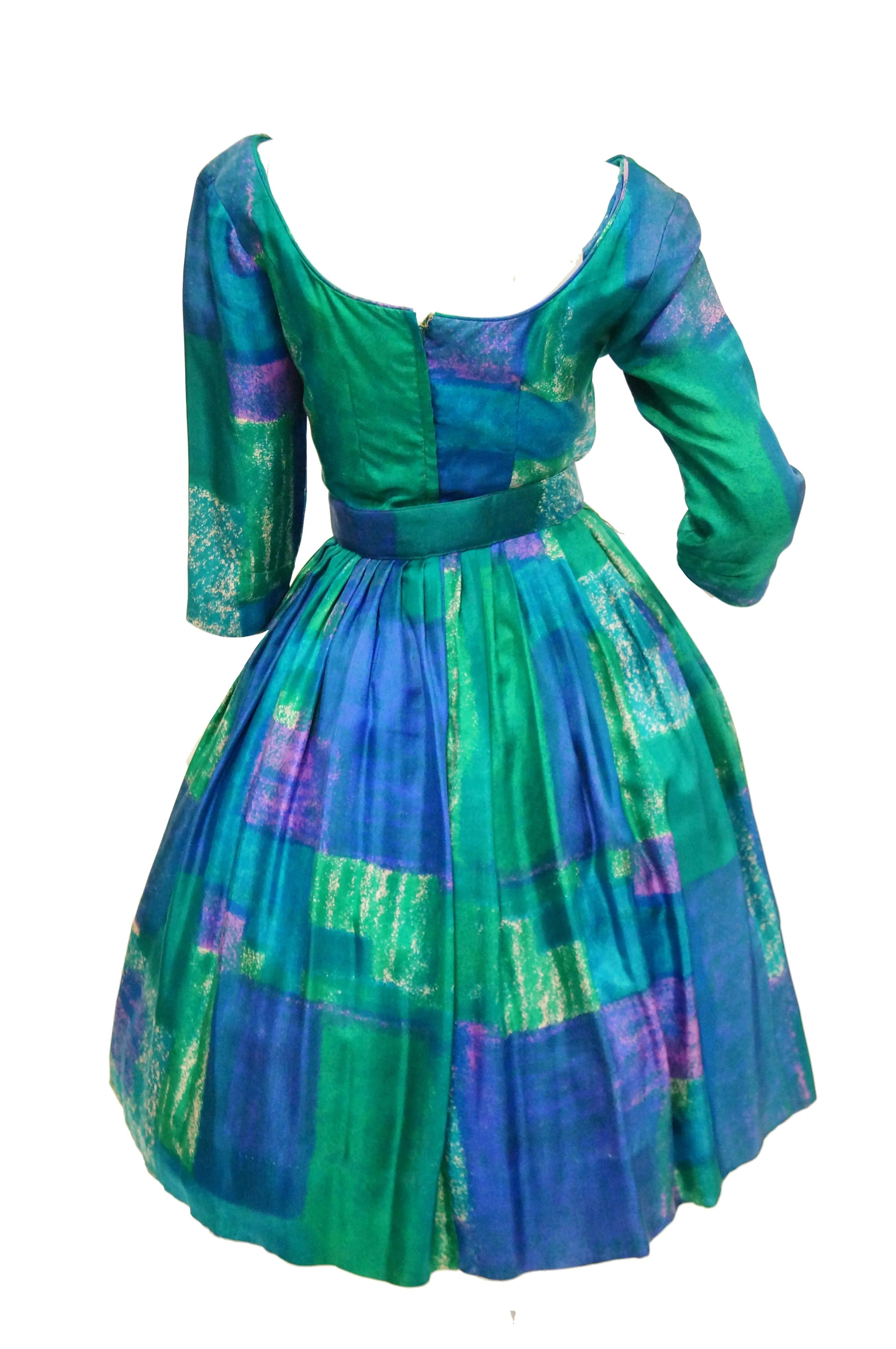 1950s Suzy Perette Blue and Green Geometric Watercolor New Look Cocktail Dress