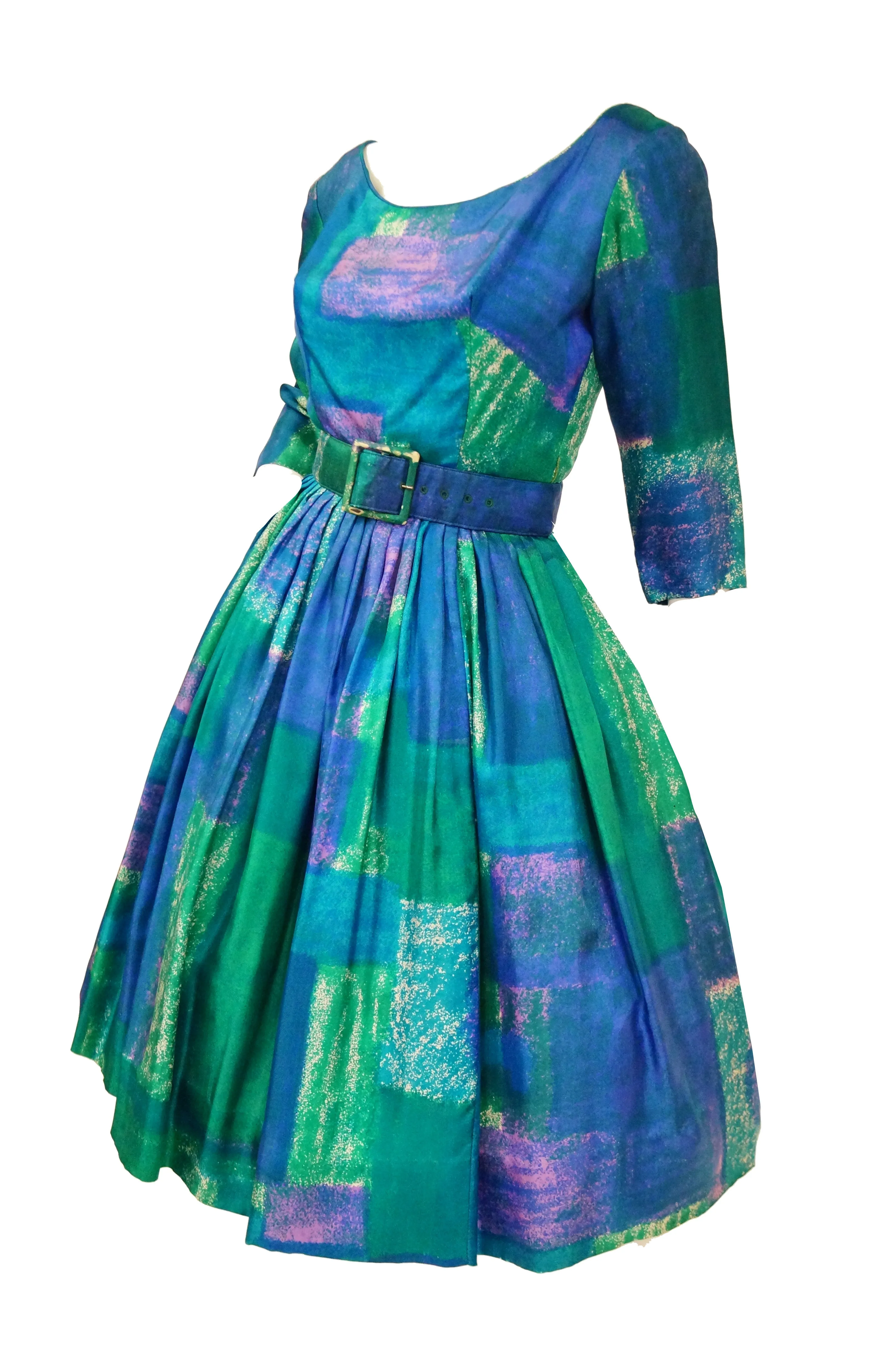 1950s Suzy Perette Blue and Green Geometric Watercolor New Look Cocktail Dress