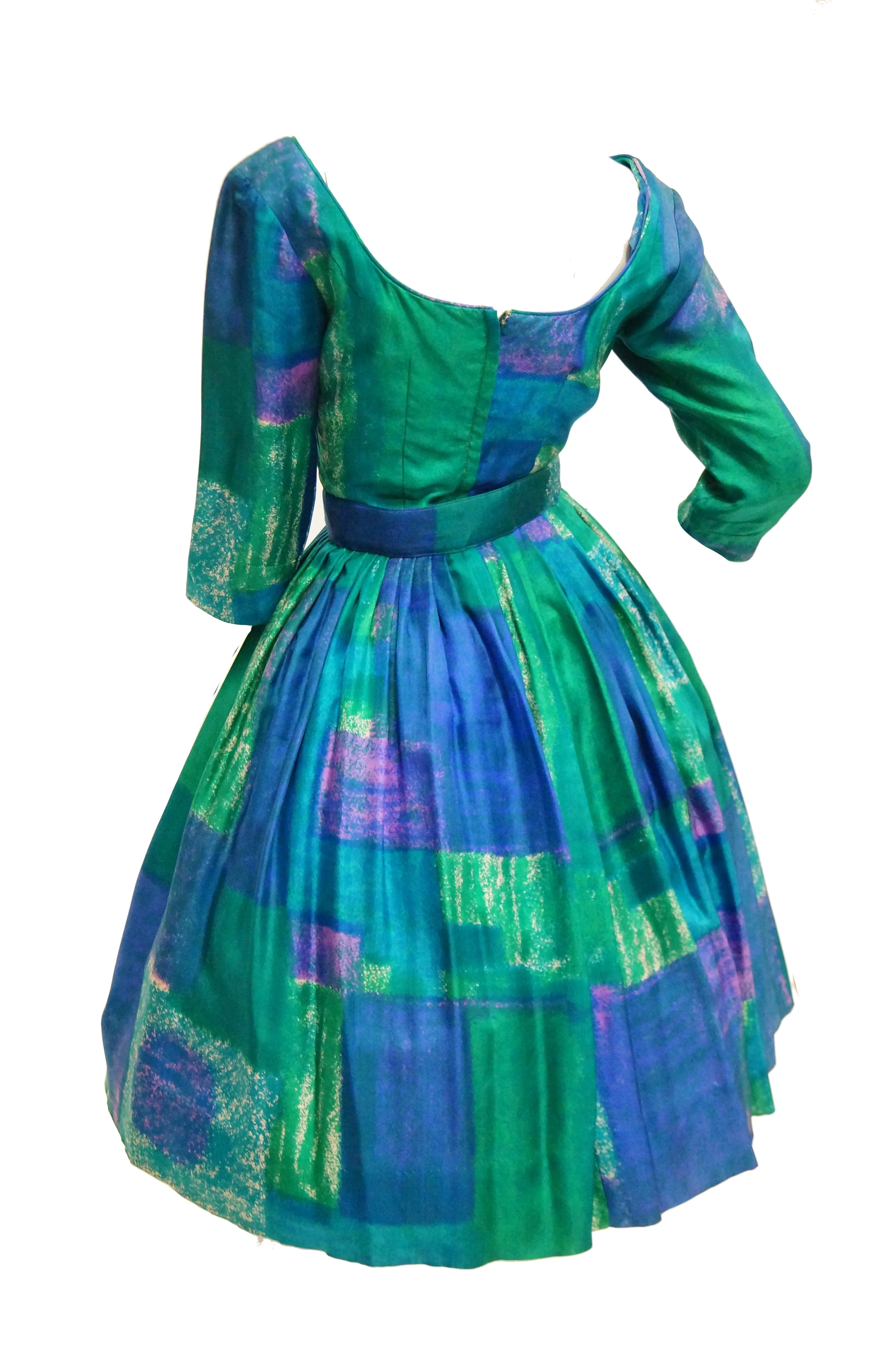 1950s Suzy Perette Blue and Green Geometric Watercolor New Look Cocktail Dress