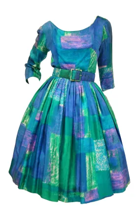 1950s Suzy Perette Blue and Green Geometric Watercolor New Look Cocktail Dress