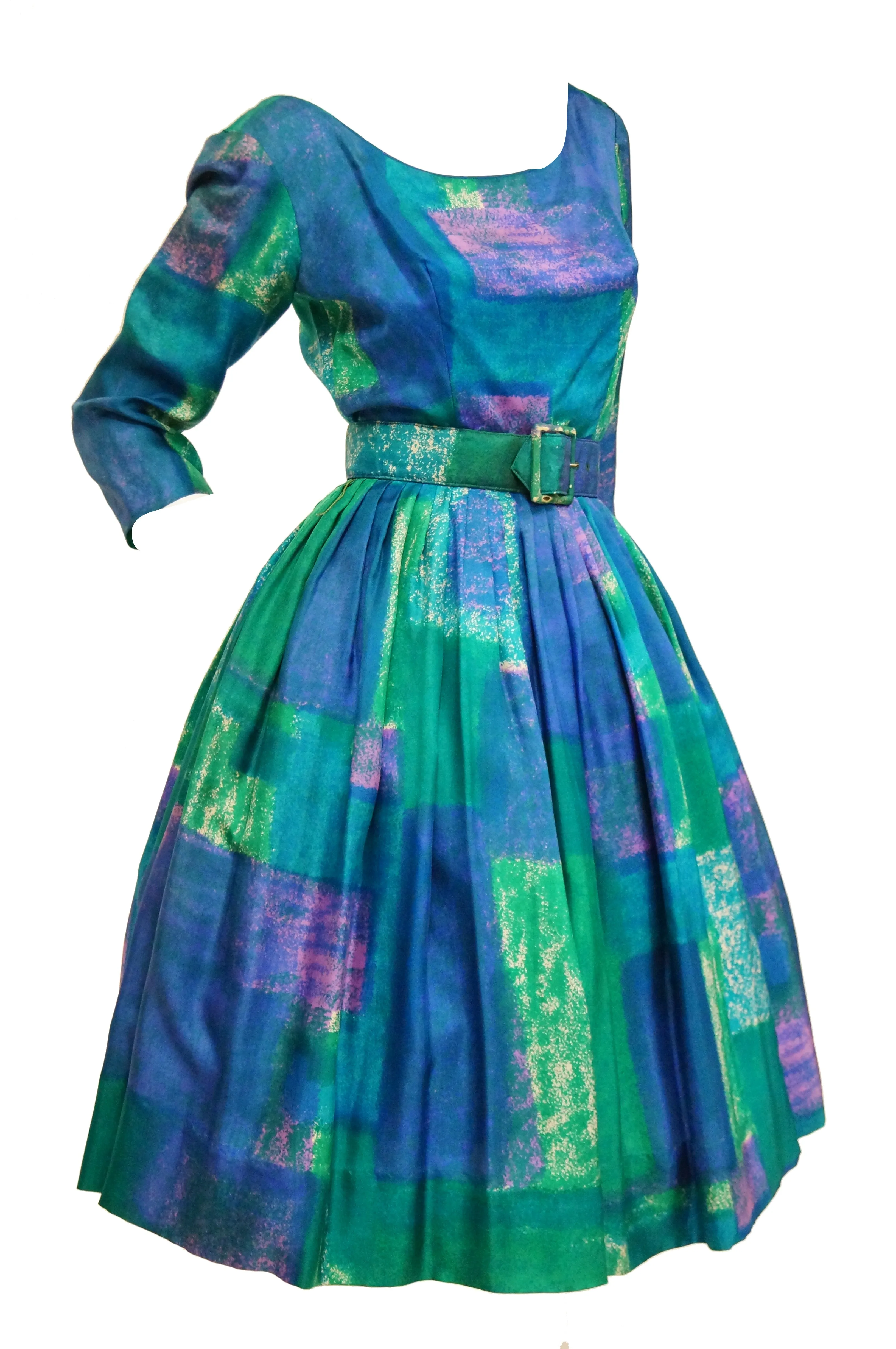 1950s Suzy Perette Blue and Green Geometric Watercolor New Look Cocktail Dress