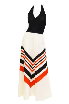 1970s Red, White, and Blue Chevron Halter Maxi Dress with Shawl