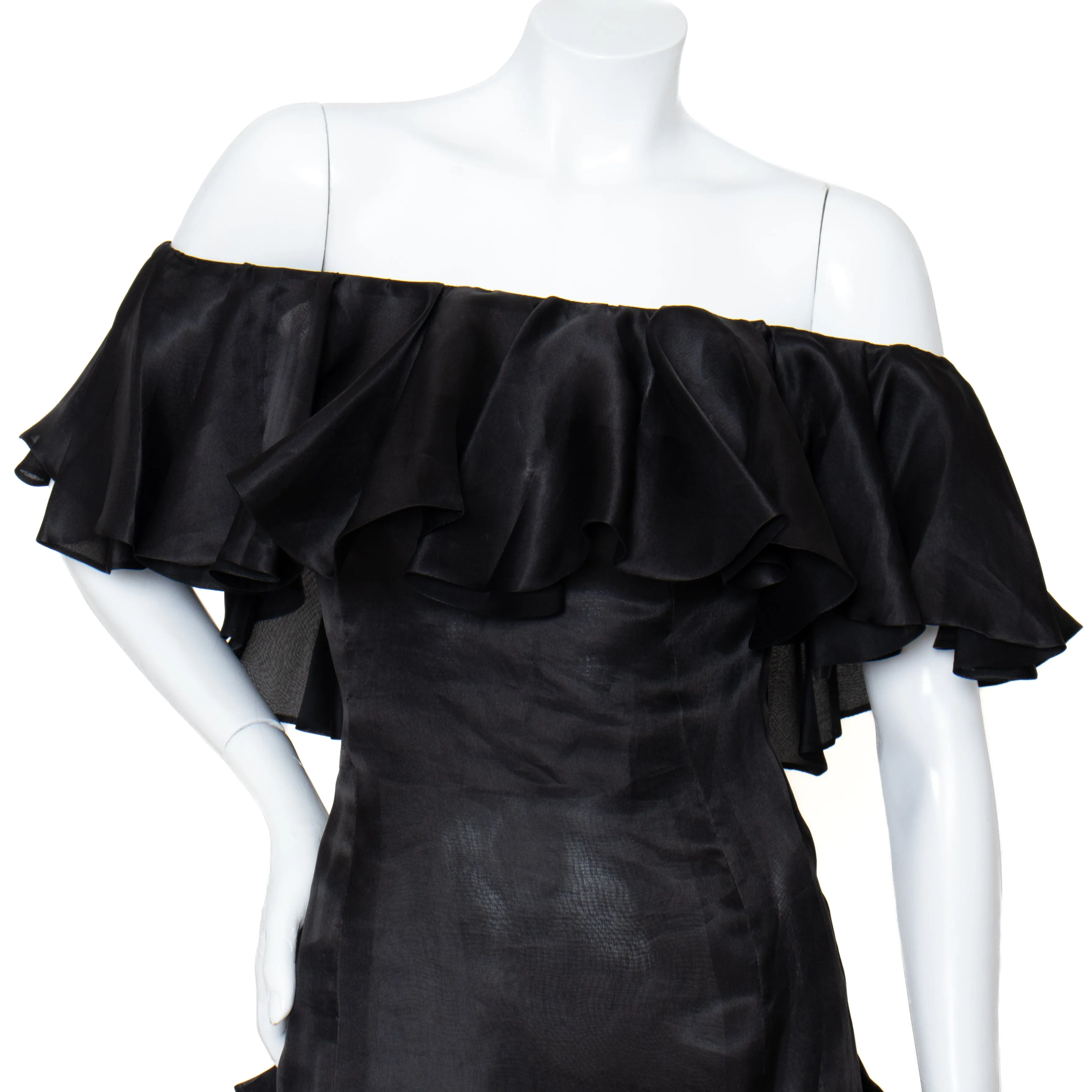 1980s Black Haute Couture Ruffled Gown