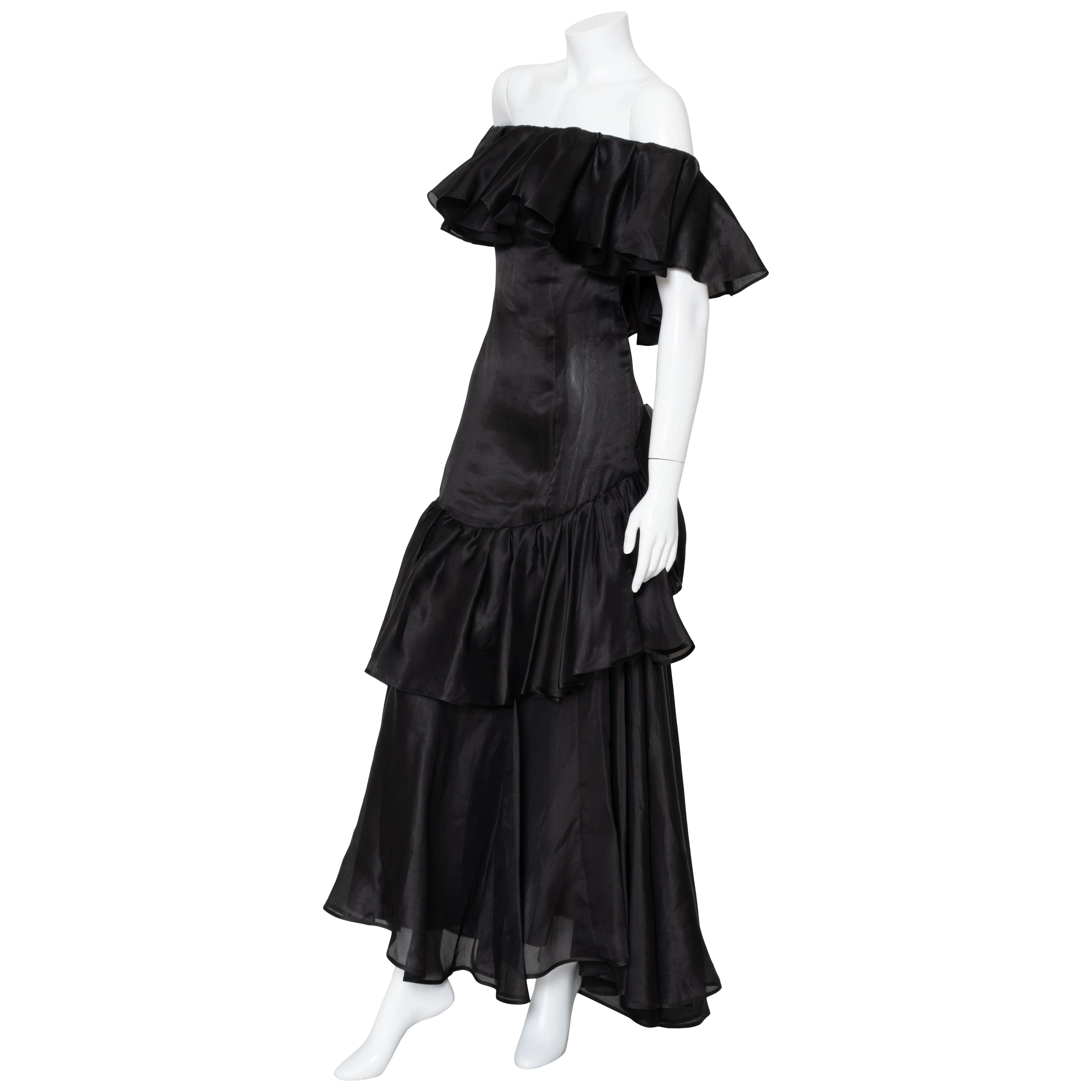 1980s Black Haute Couture Ruffled Gown