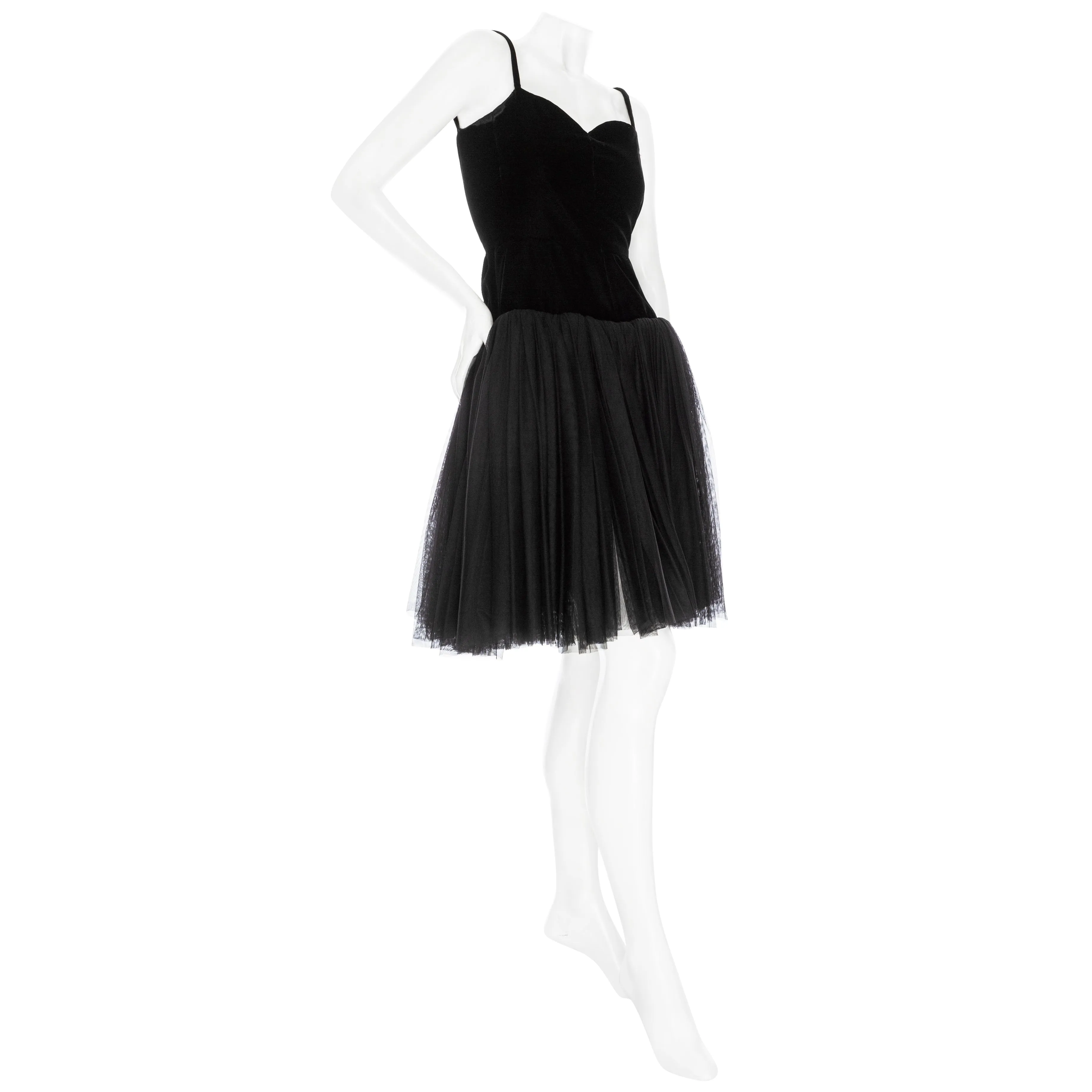 1980s Haute Couture Black Velvet Tulle Spaghetti Strap Dress