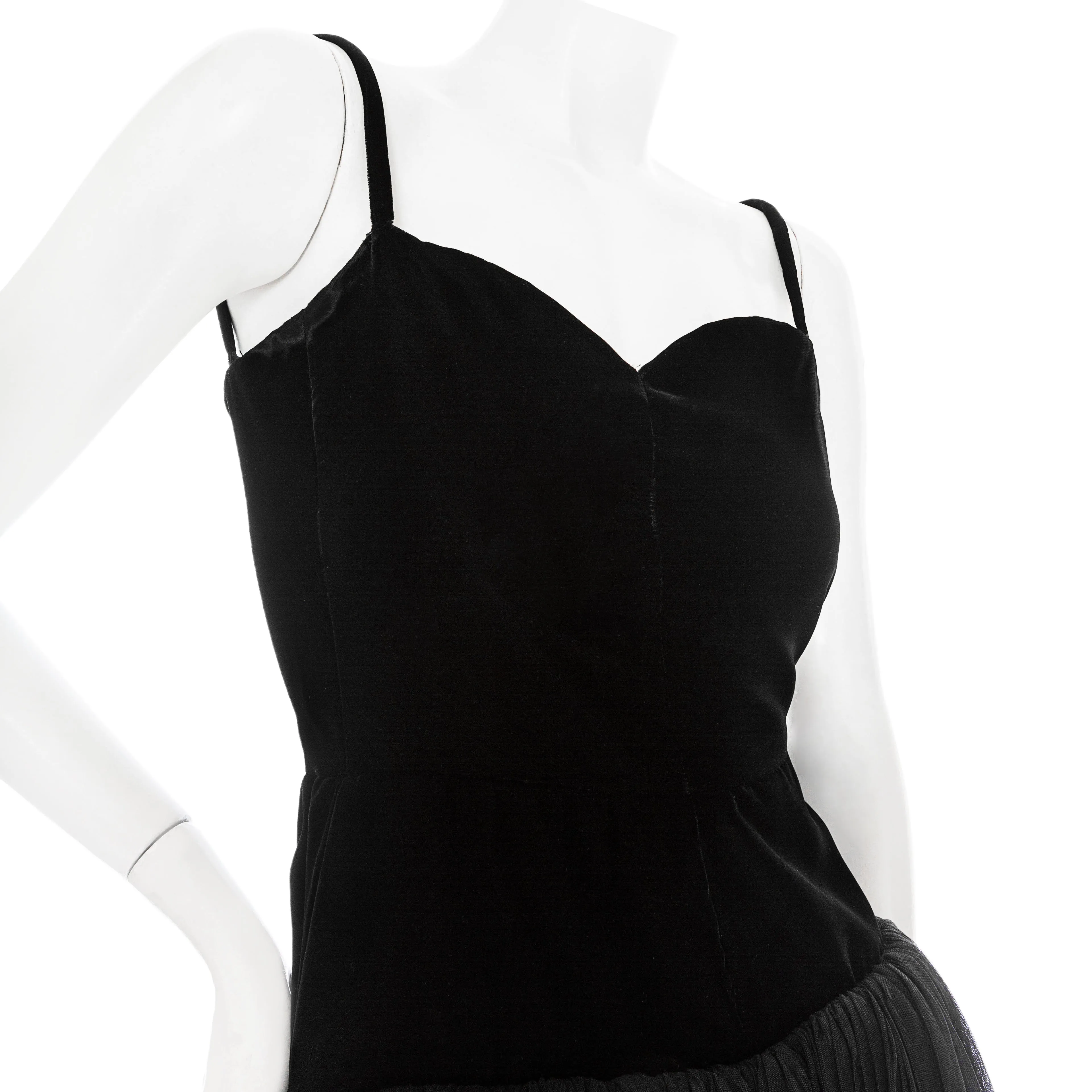 1980s Haute Couture Black Velvet Tulle Spaghetti Strap Dress