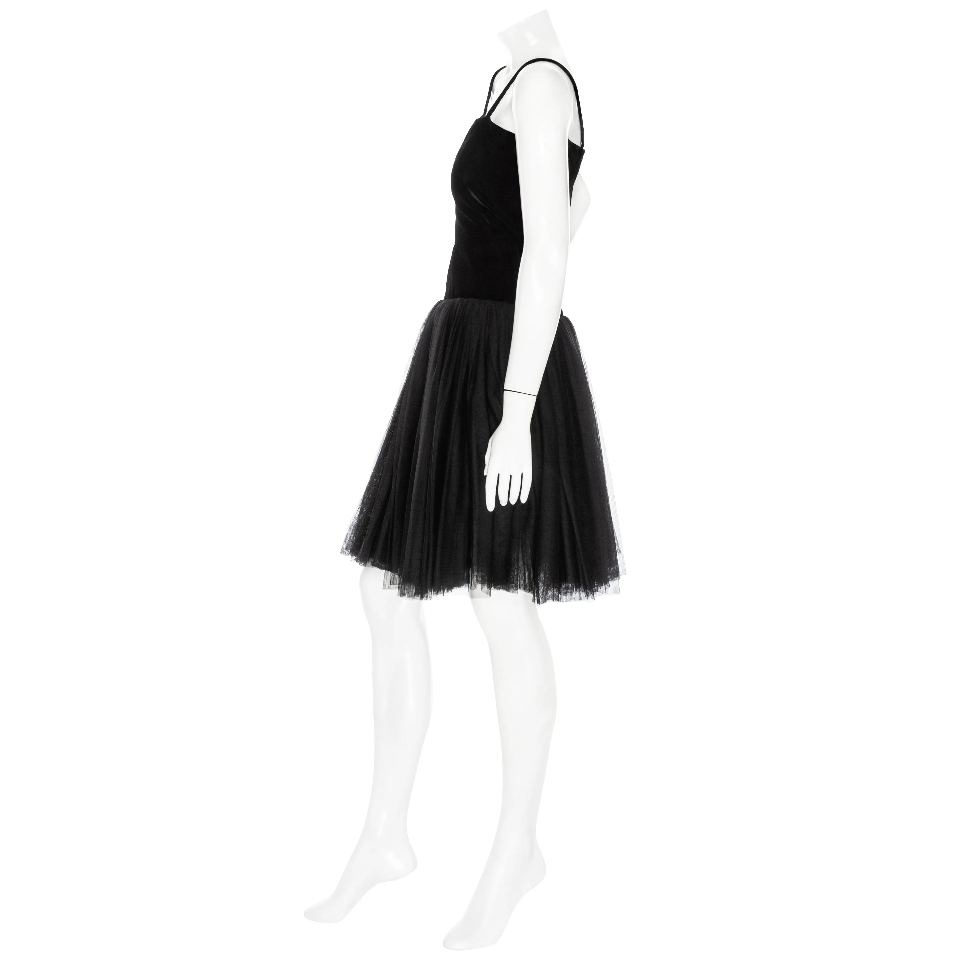 1980s Haute Couture Black Velvet Tulle Spaghetti Strap Dress