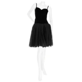 1980s Haute Couture Black Velvet Tulle Spaghetti Strap Dress