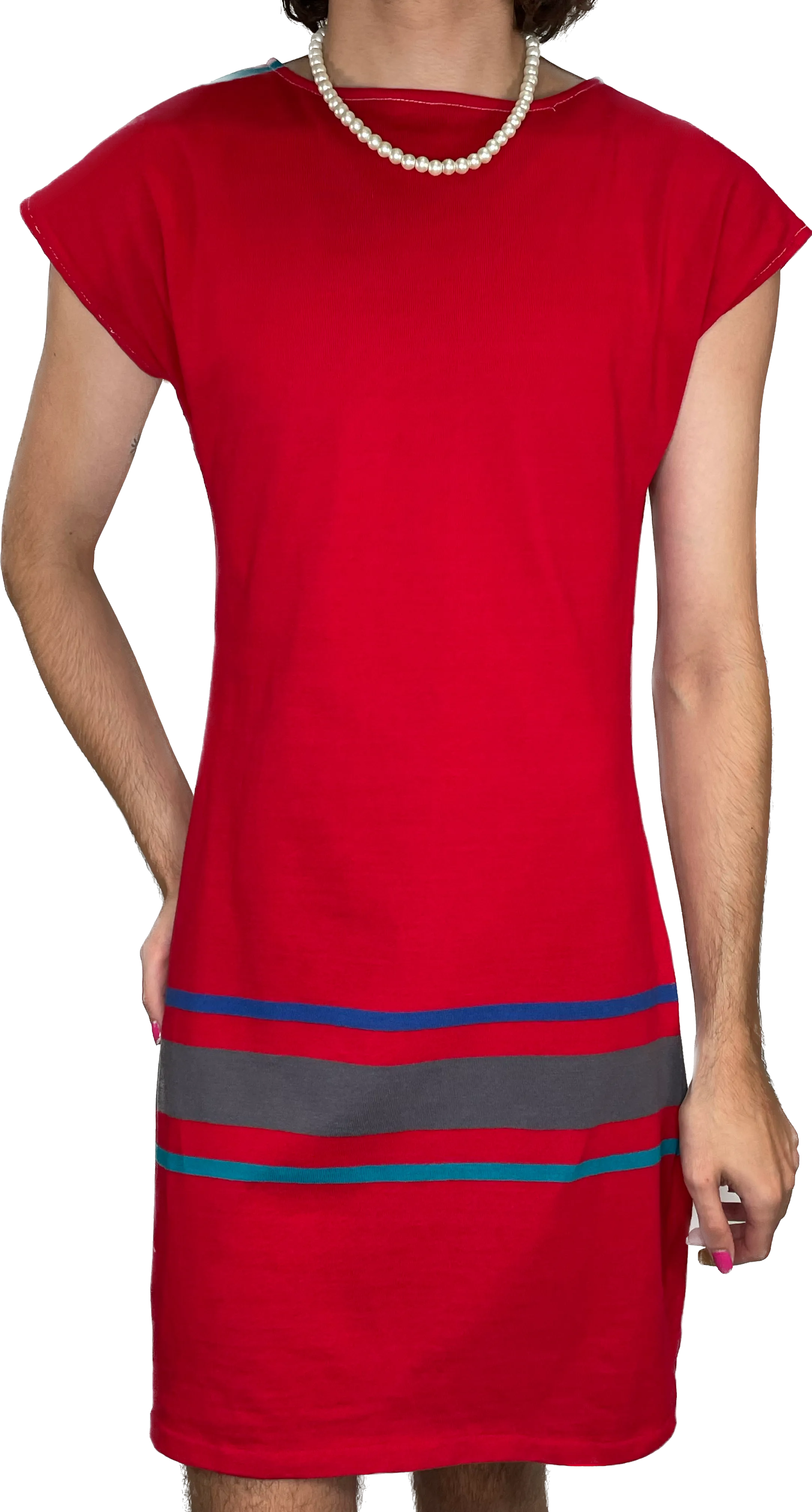 80s Red Jersey & Stripe  Dress    w36