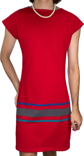 80s Red Jersey & Stripe  Dress    w36