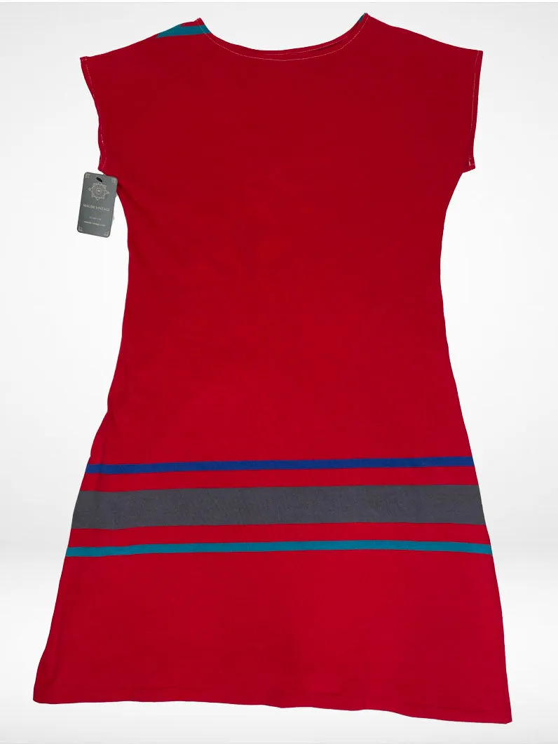 80s Red Jersey & Stripe  Dress    w36