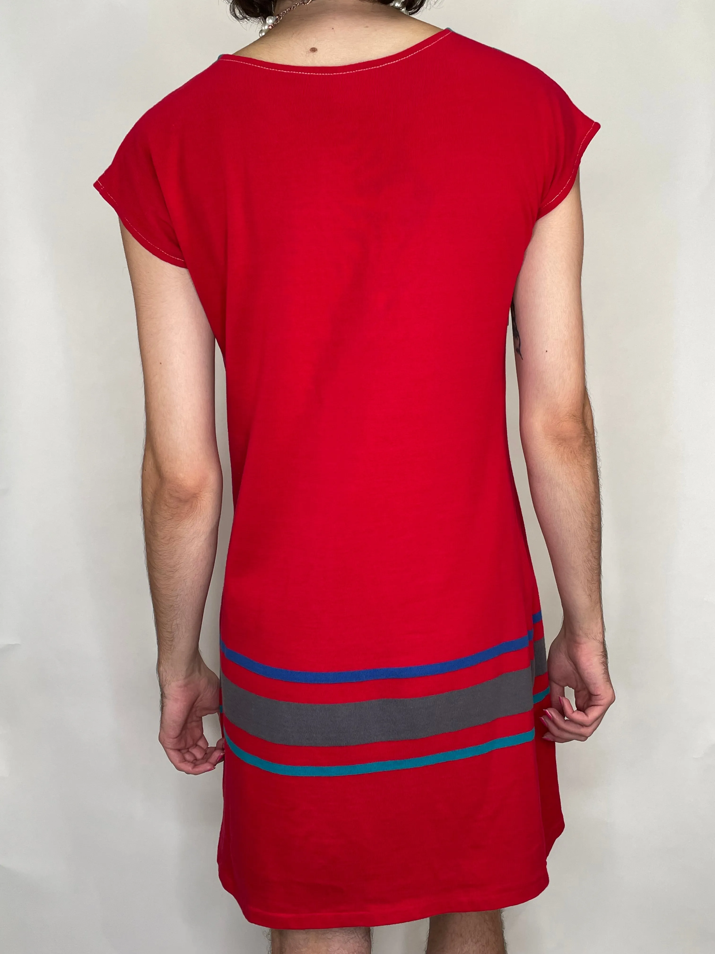 80s Red Jersey & Stripe  Dress    w36