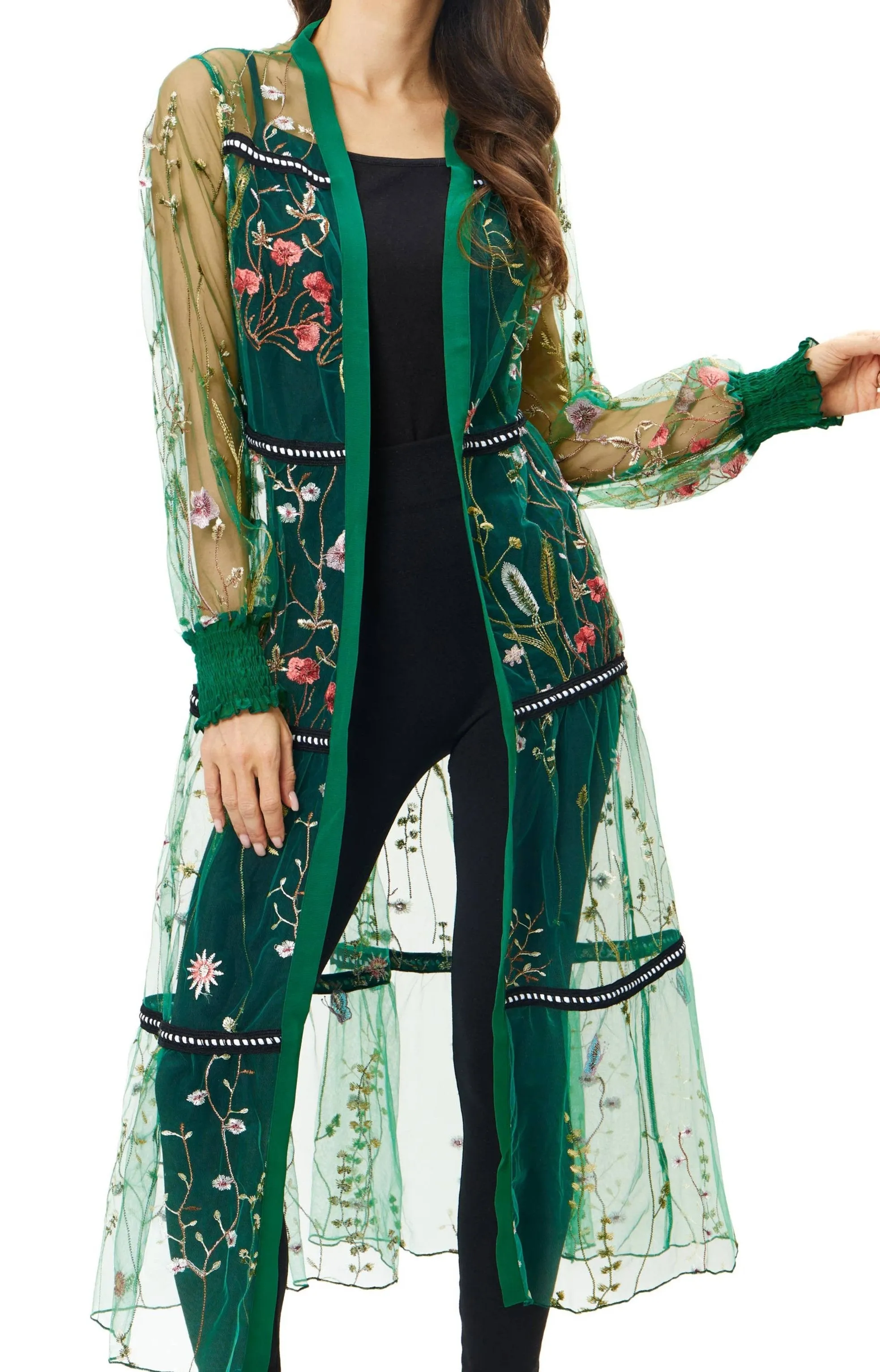 A010-E - Mesh Embroidered Green Duster