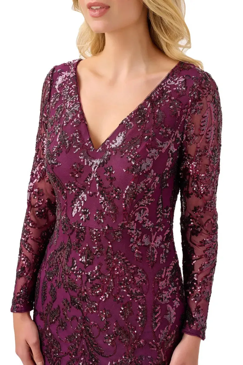 Adrianna Papell V-Neck Long Sleeve Bodycon Sequined Mesh Knit Gown