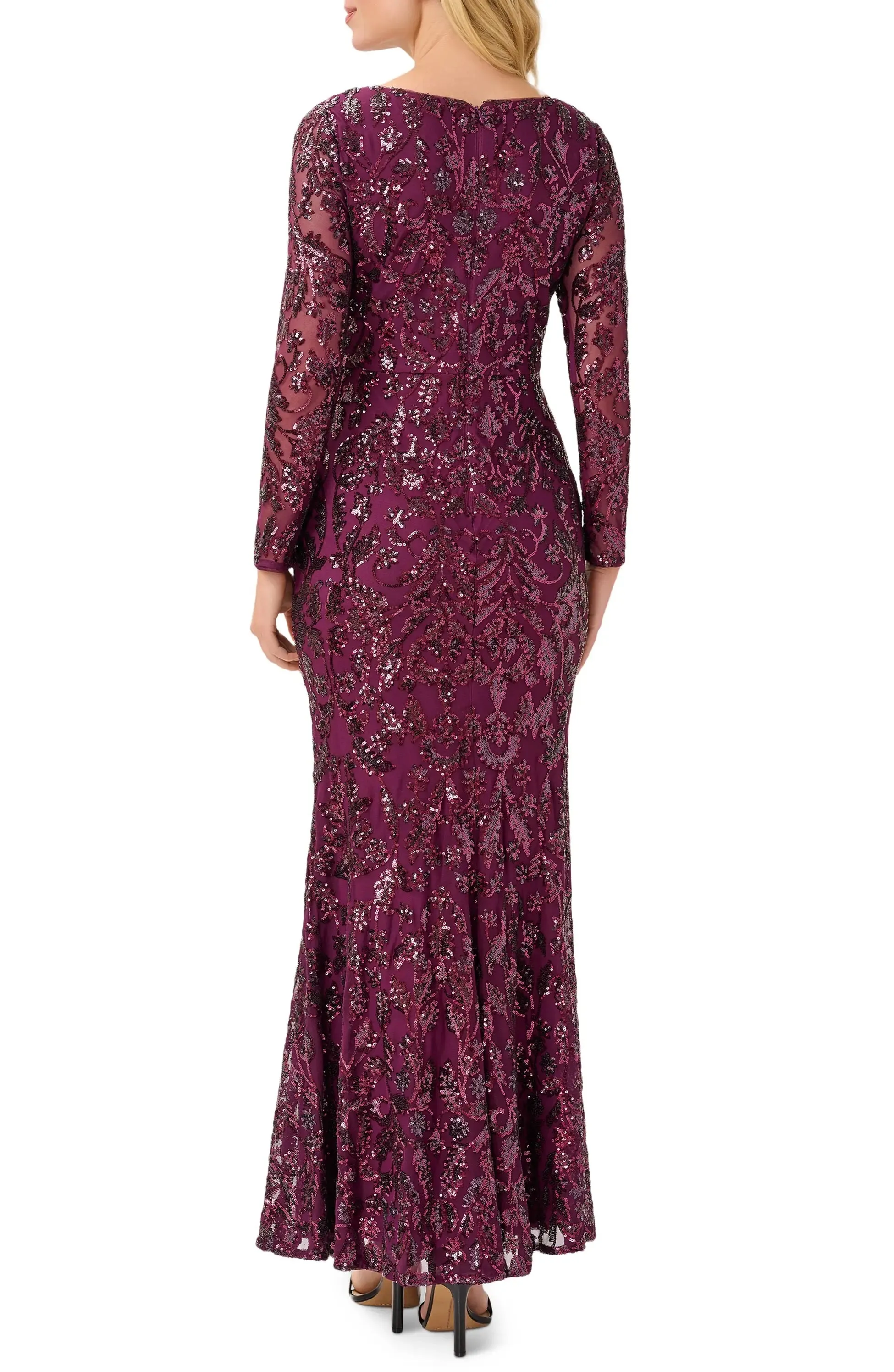 Adrianna Papell V-Neck Long Sleeve Bodycon Sequined Mesh Knit Gown