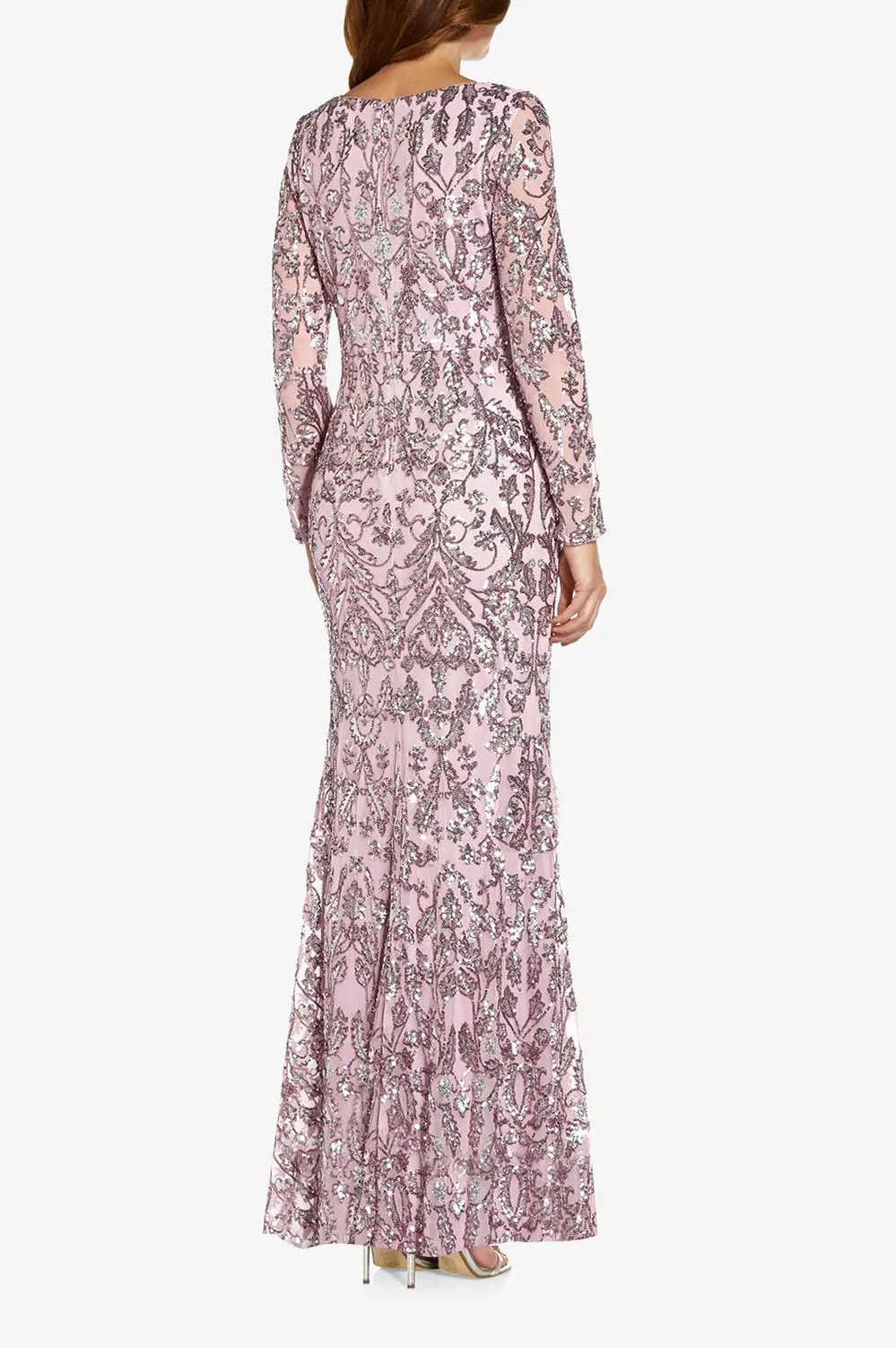 Adrianna Papell V-Neck Long Sleeve Bodycon Sequined Mesh Knit Gown