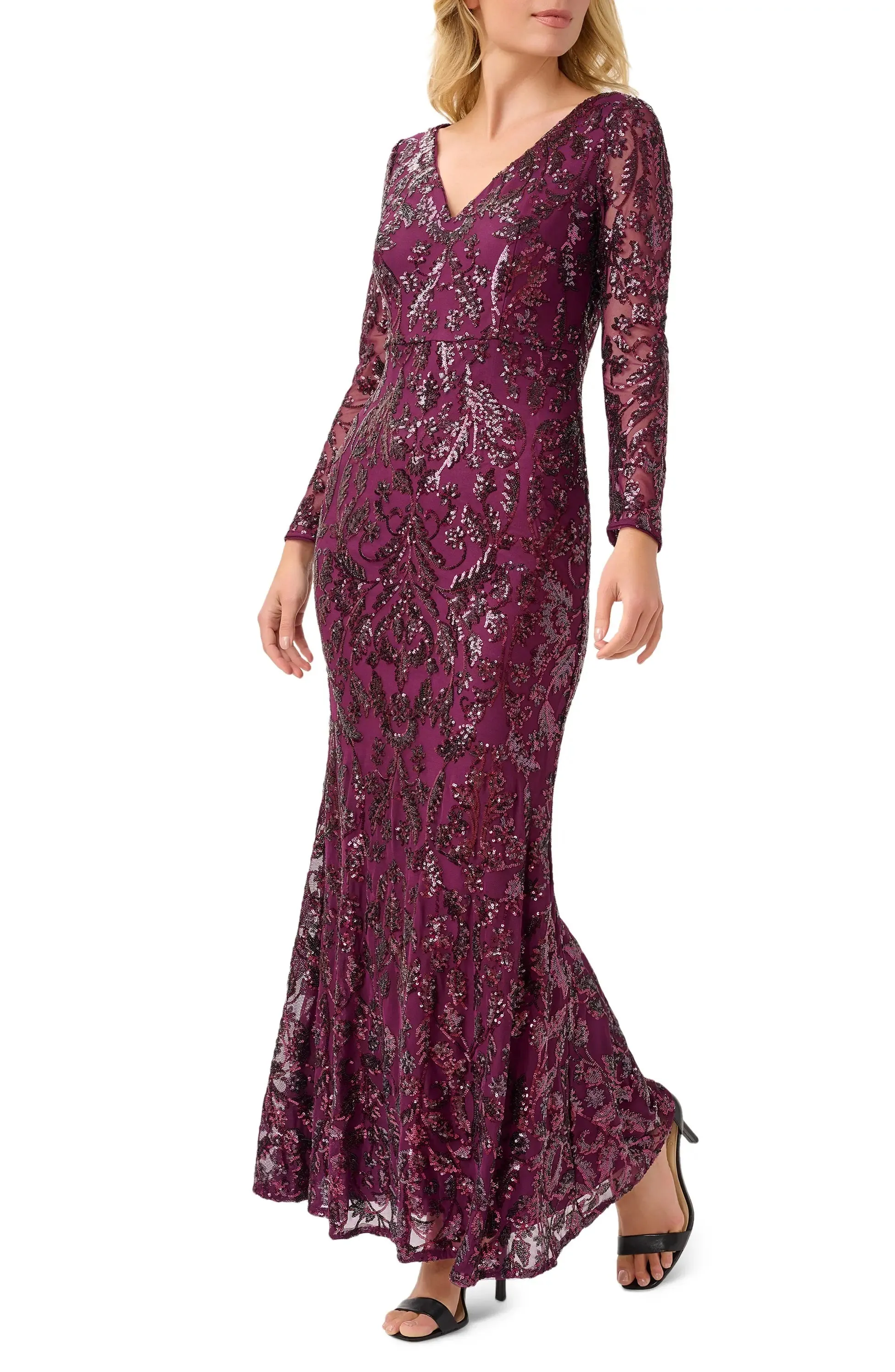 Adrianna Papell V-Neck Long Sleeve Bodycon Sequined Mesh Knit Gown