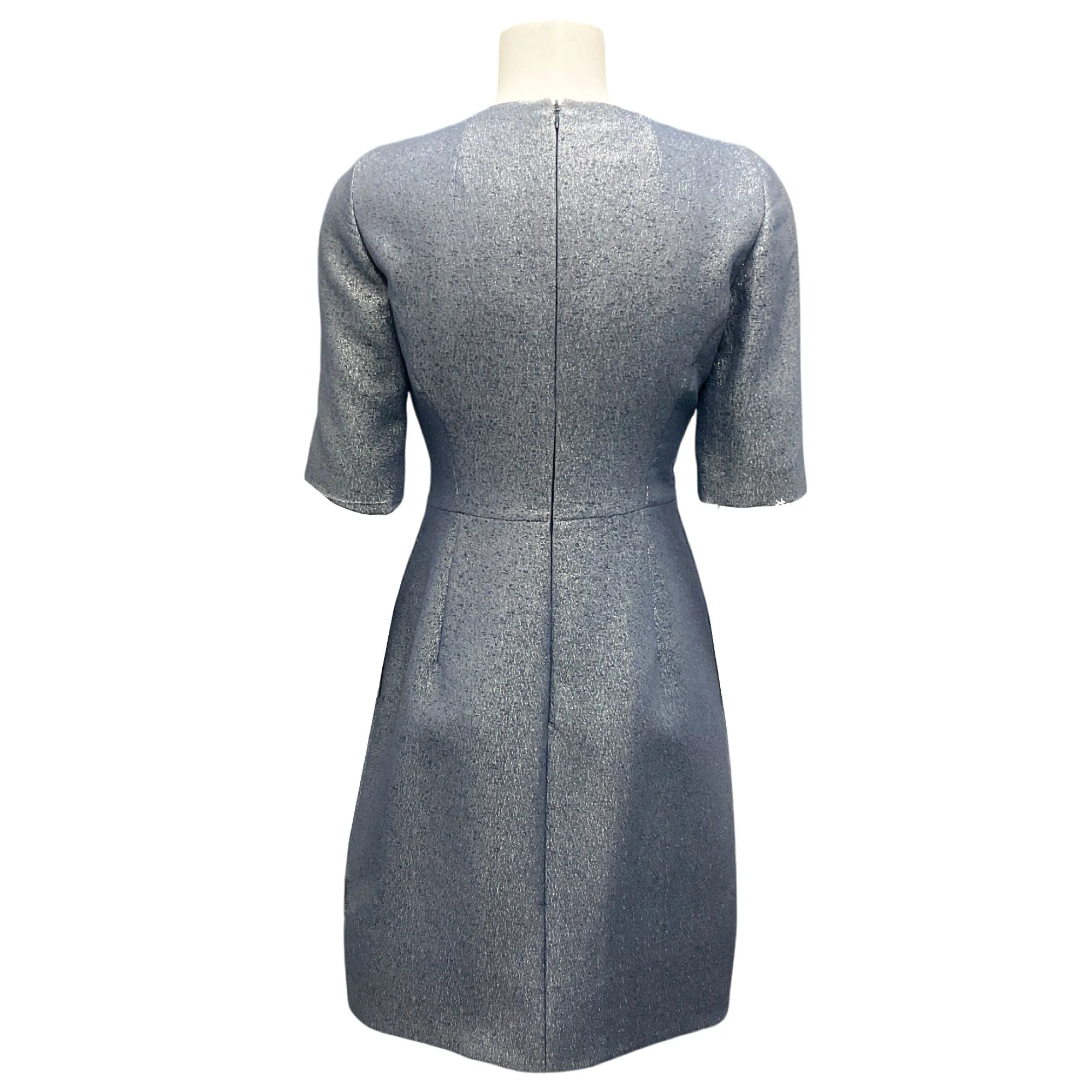 Akris Blue / Silver Metallic Short Sleeved Silk Jacquard Dress