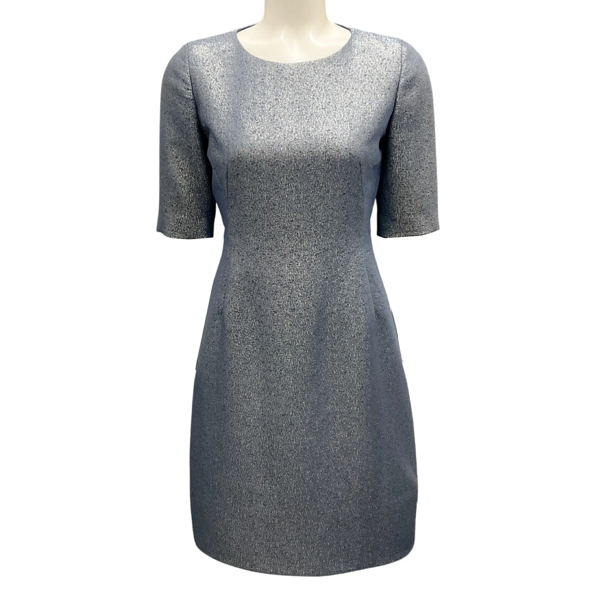 Akris Blue / Silver Metallic Short Sleeved Silk Jacquard Dress