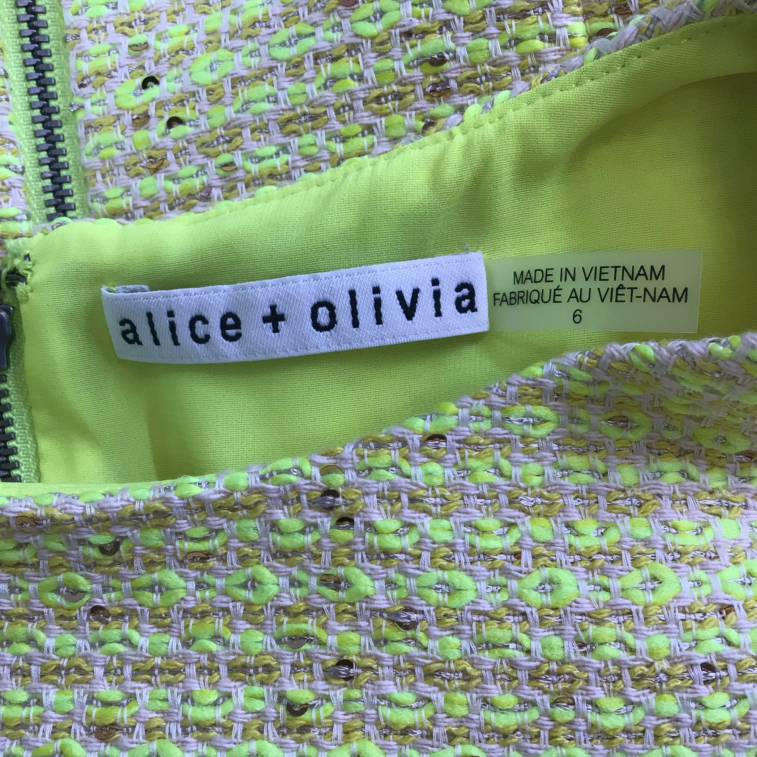 Alice   Olivia Neon Yellow Clyde Sequin Embellished Boucle Tweed Mini Dress