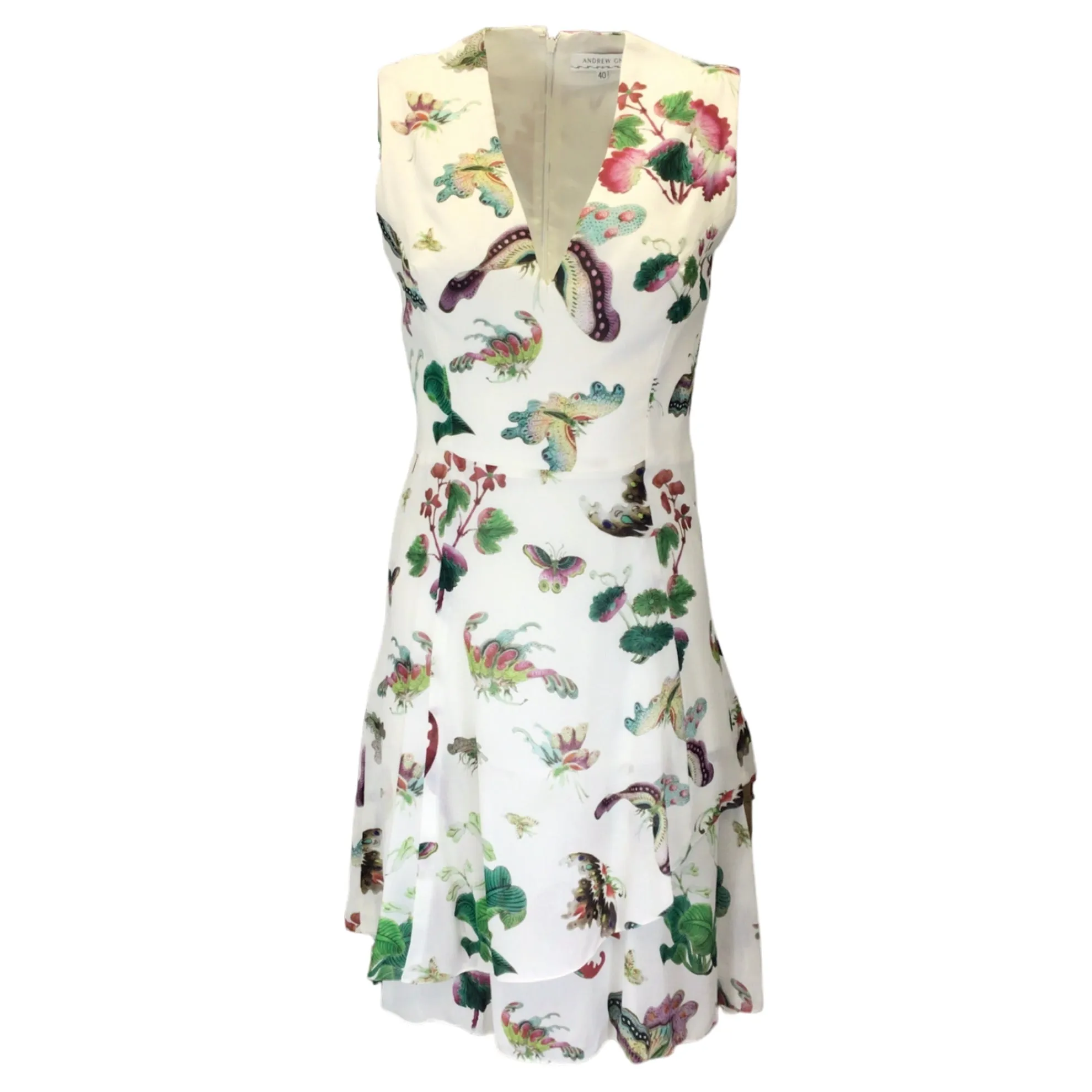 Andrew Gn White Multi Butterfly Printed Sleeveless V-Neck Crepe Dress