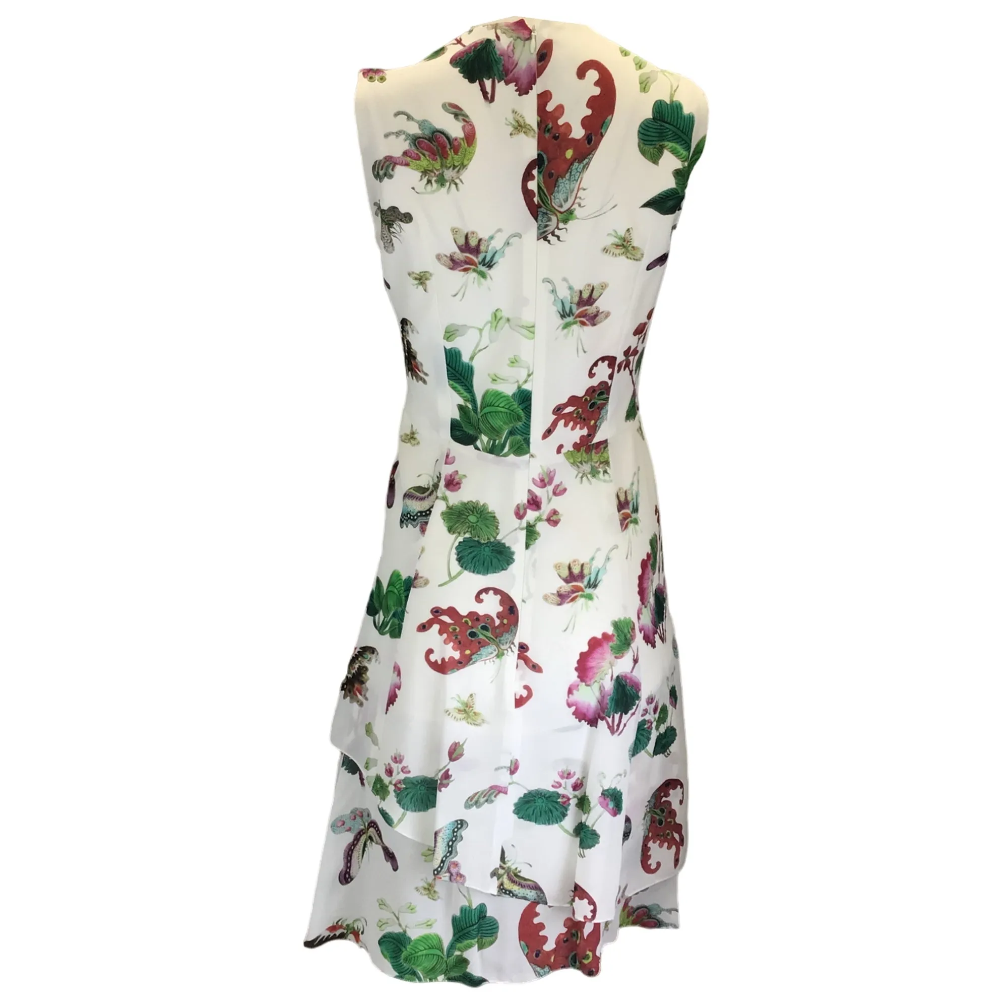 Andrew Gn White Multi Butterfly Printed Sleeveless V-Neck Crepe Dress