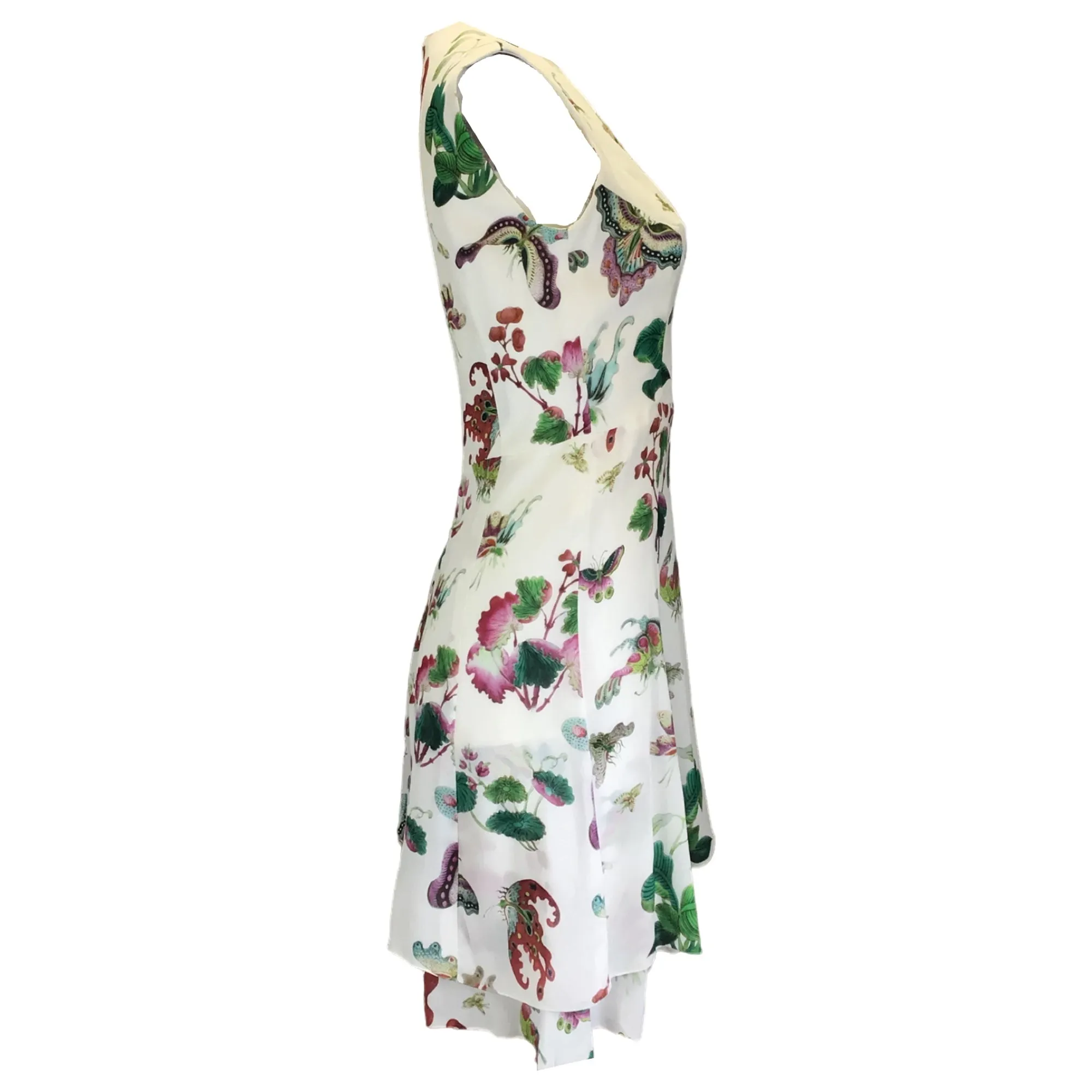 Andrew Gn White Multi Butterfly Printed Sleeveless V-Neck Crepe Dress