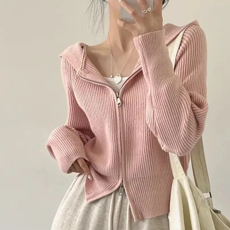 Autumn Winter Long Sleeve Short Loose Solid Hooded Knitted Zipper Cardigan