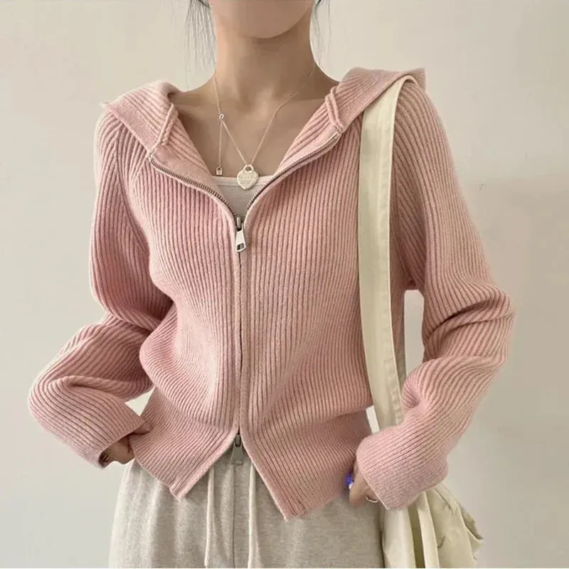 Autumn Winter Long Sleeve Short Loose Solid Hooded Knitted Zipper Cardigan