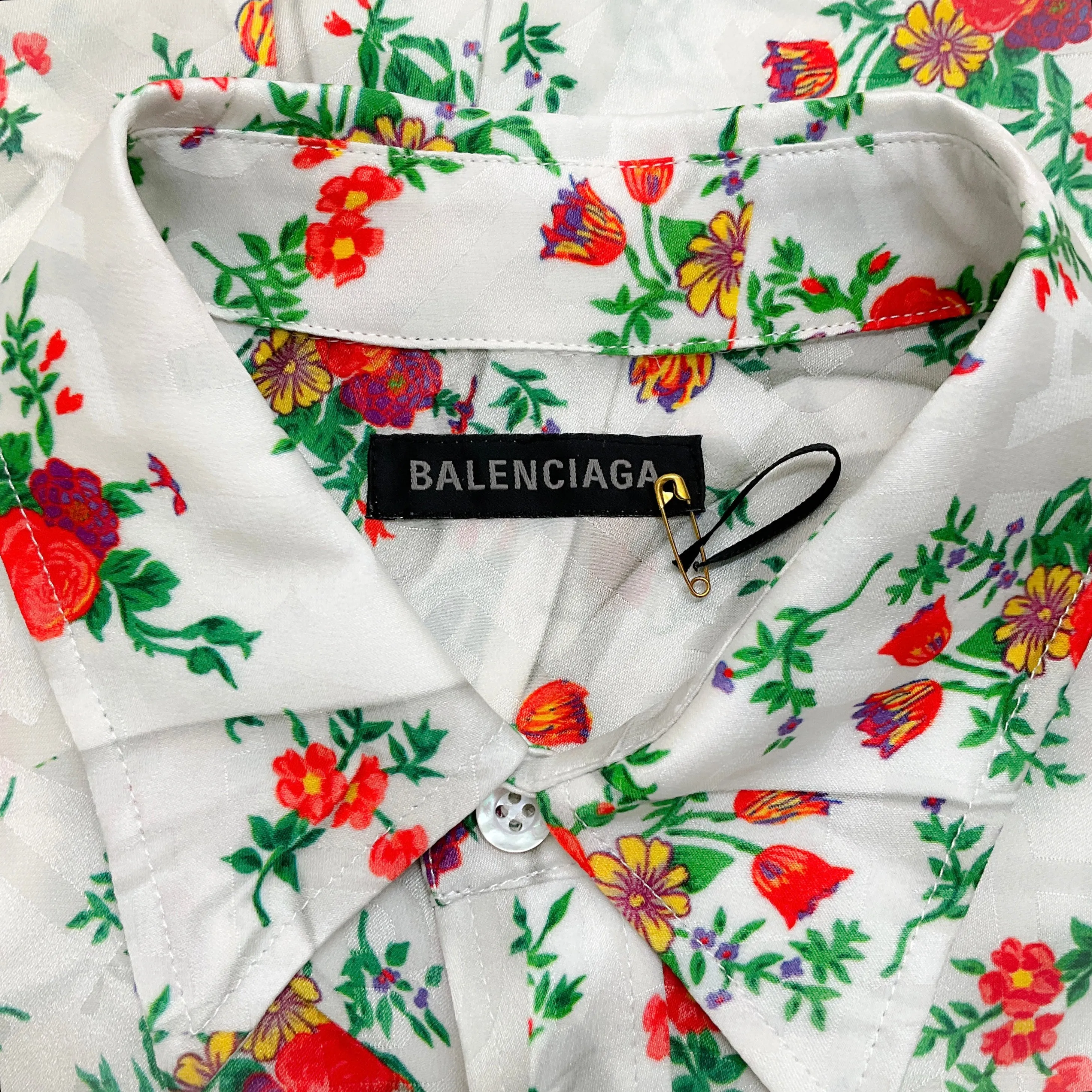 Balenciaga Ivory Silk Floral Crinkle Printed Blouse