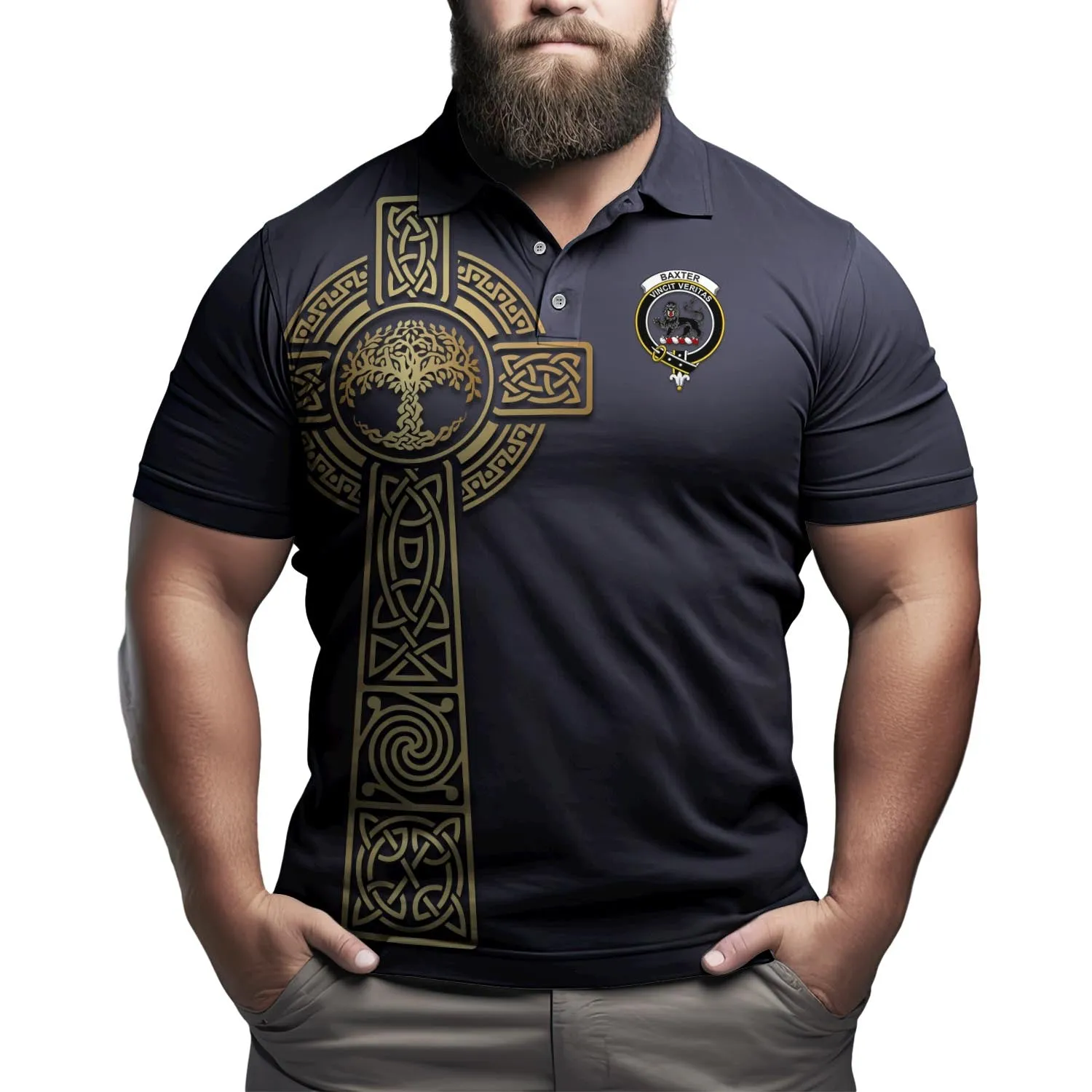 Baxter Clan Polo Shirt with Golden Celtic Tree Of Life