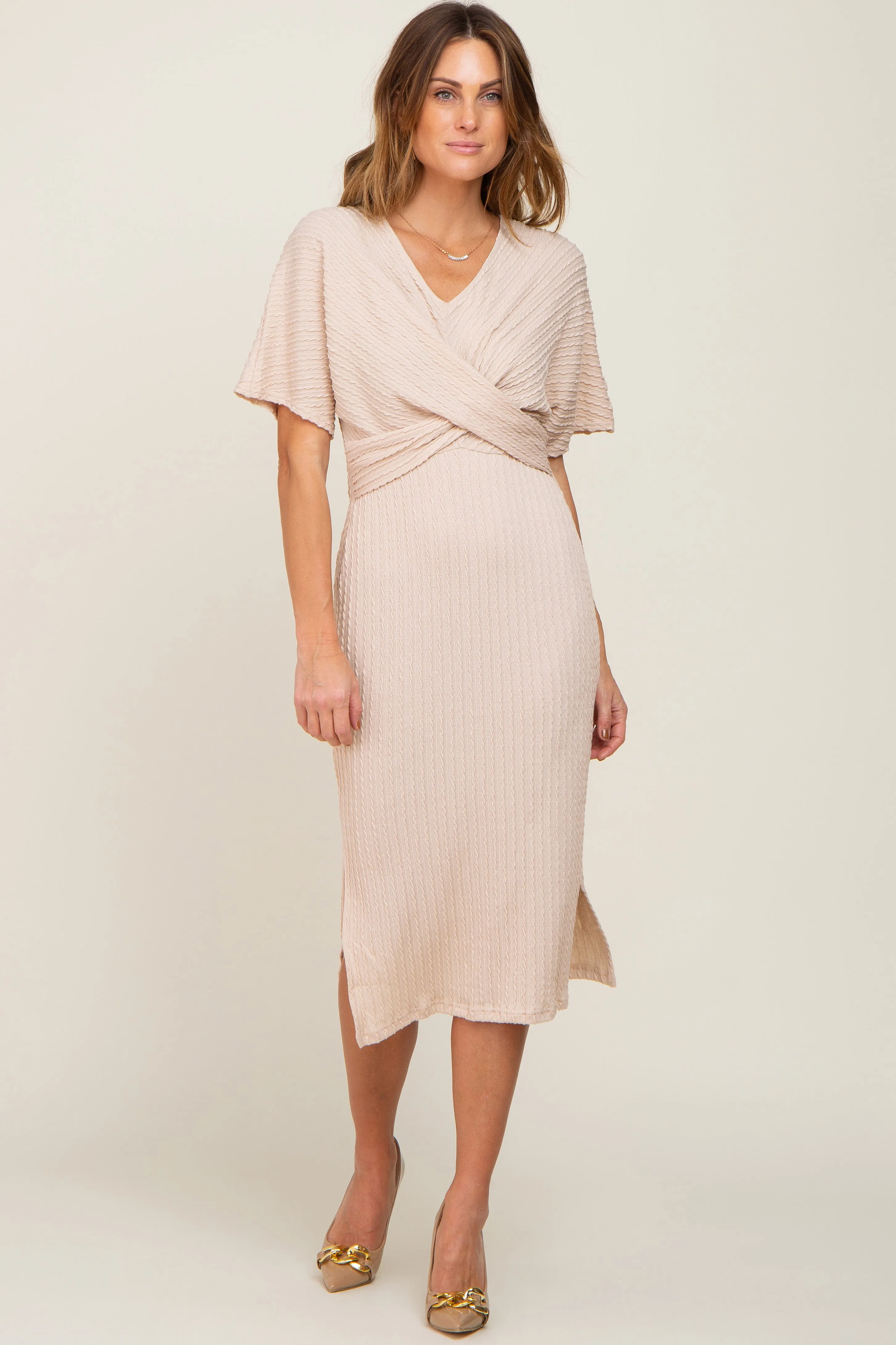 Beige Cable Knit Front Twist Midi Dress