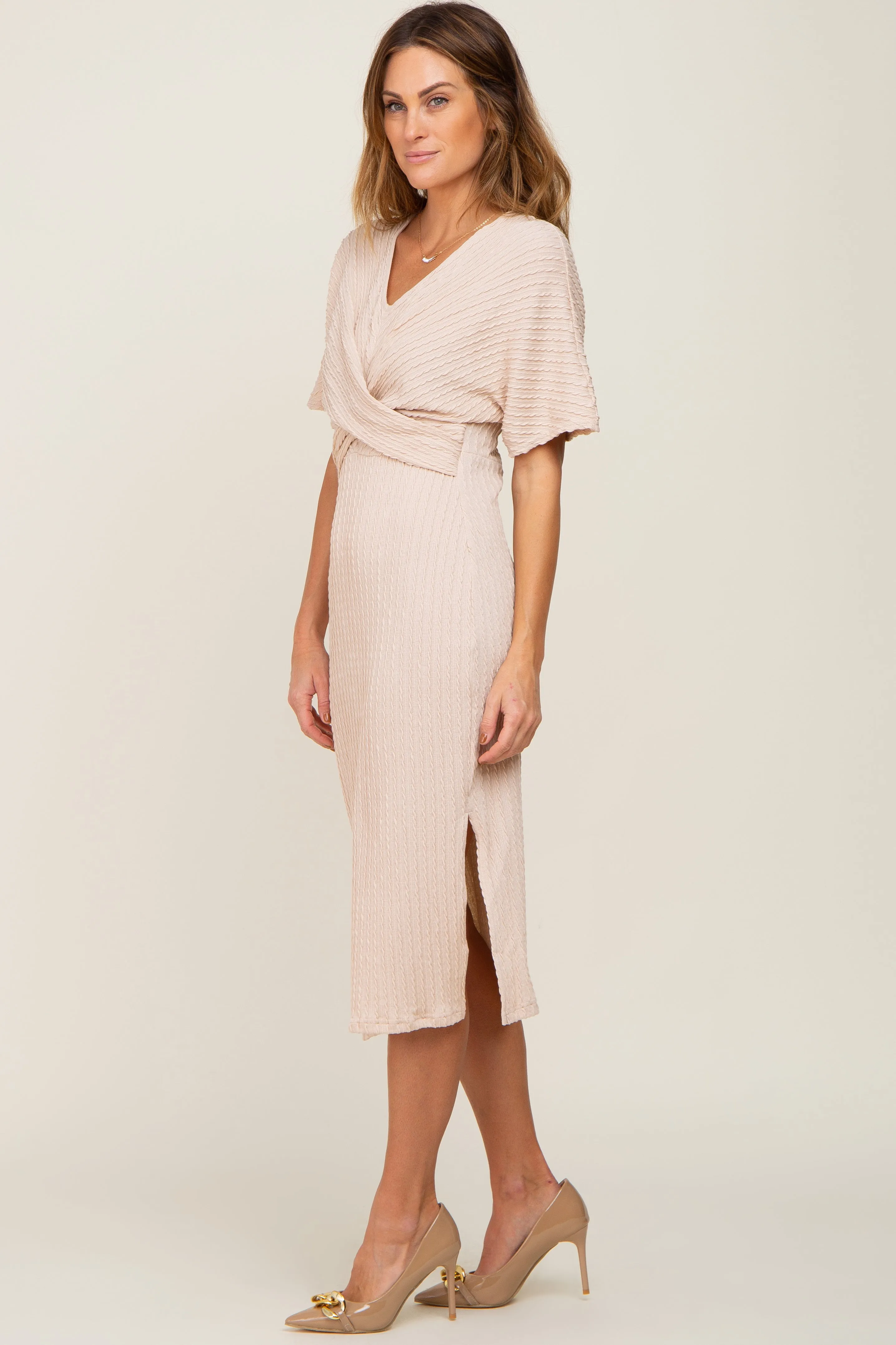 Beige Cable Knit Front Twist Midi Dress