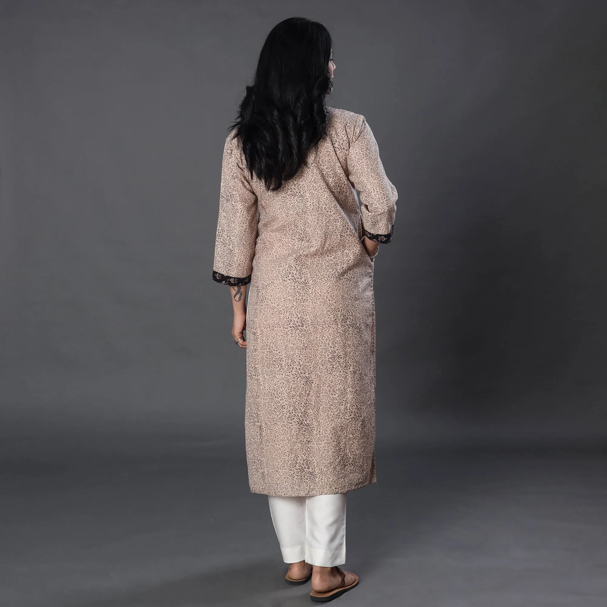 Beige - Merino Wool Pedana Kalamkari Block Printing Handwoven Kurta