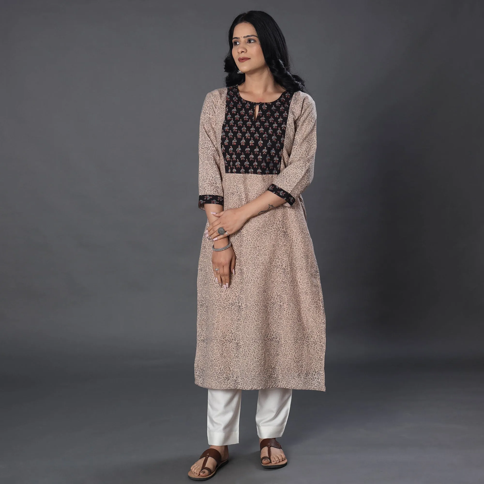 Beige - Merino Wool Pedana Kalamkari Block Printing Handwoven Kurta