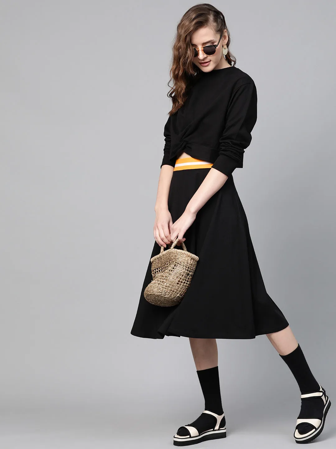 Black Knit A-Line Midi Skirt