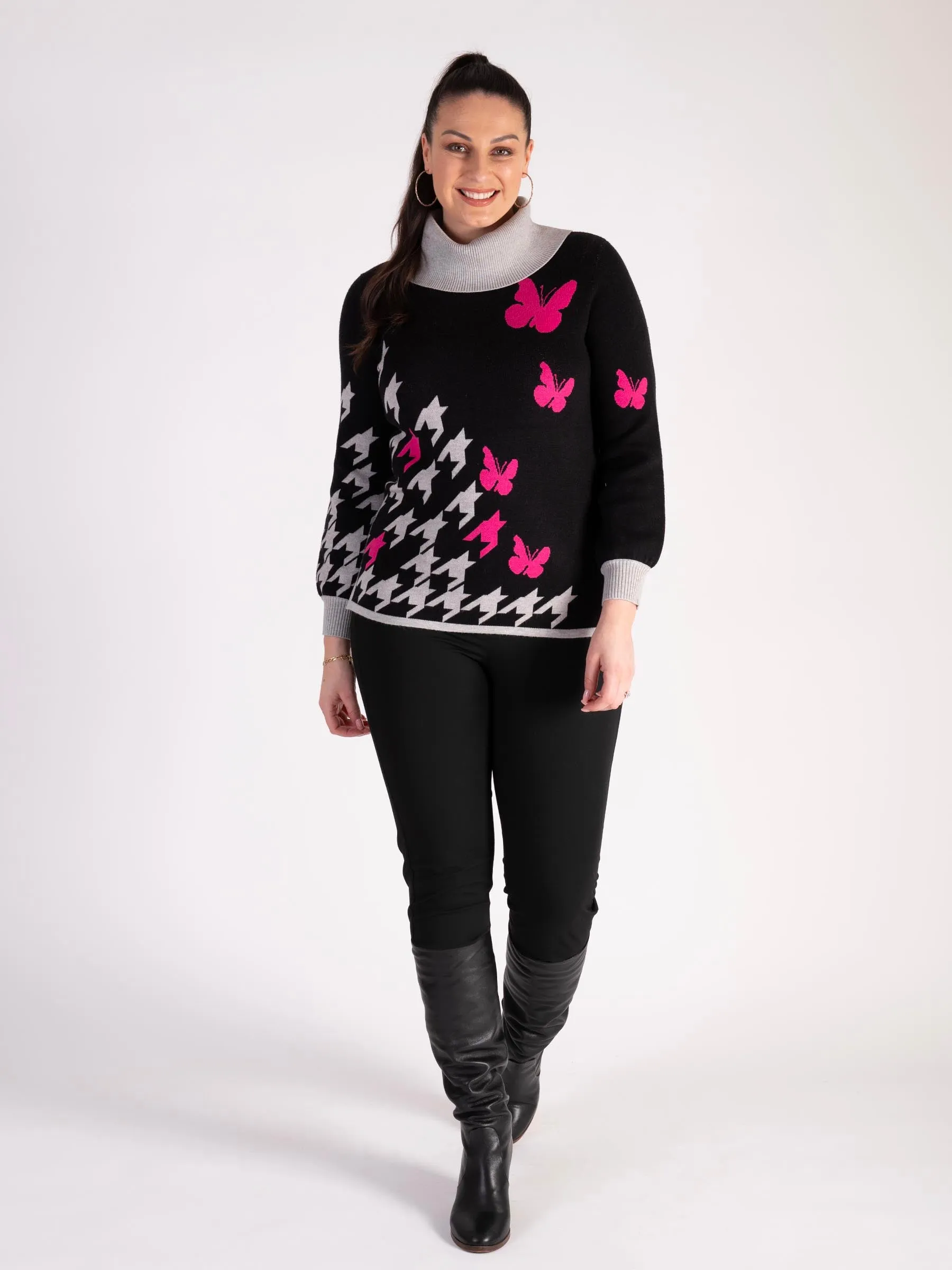 Black/Fuchsia Butterfly Cowl Neck Jumper