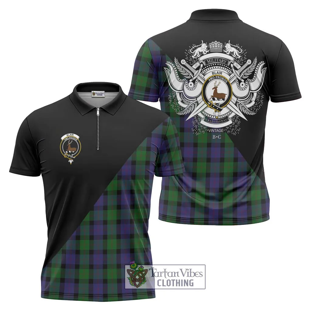 Blair Tartan Zipper Polo Shirt with Family Crest and Military Logo Style