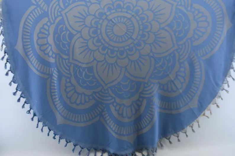 Blue Mandala Round 100% Cotton Round Beach Towel