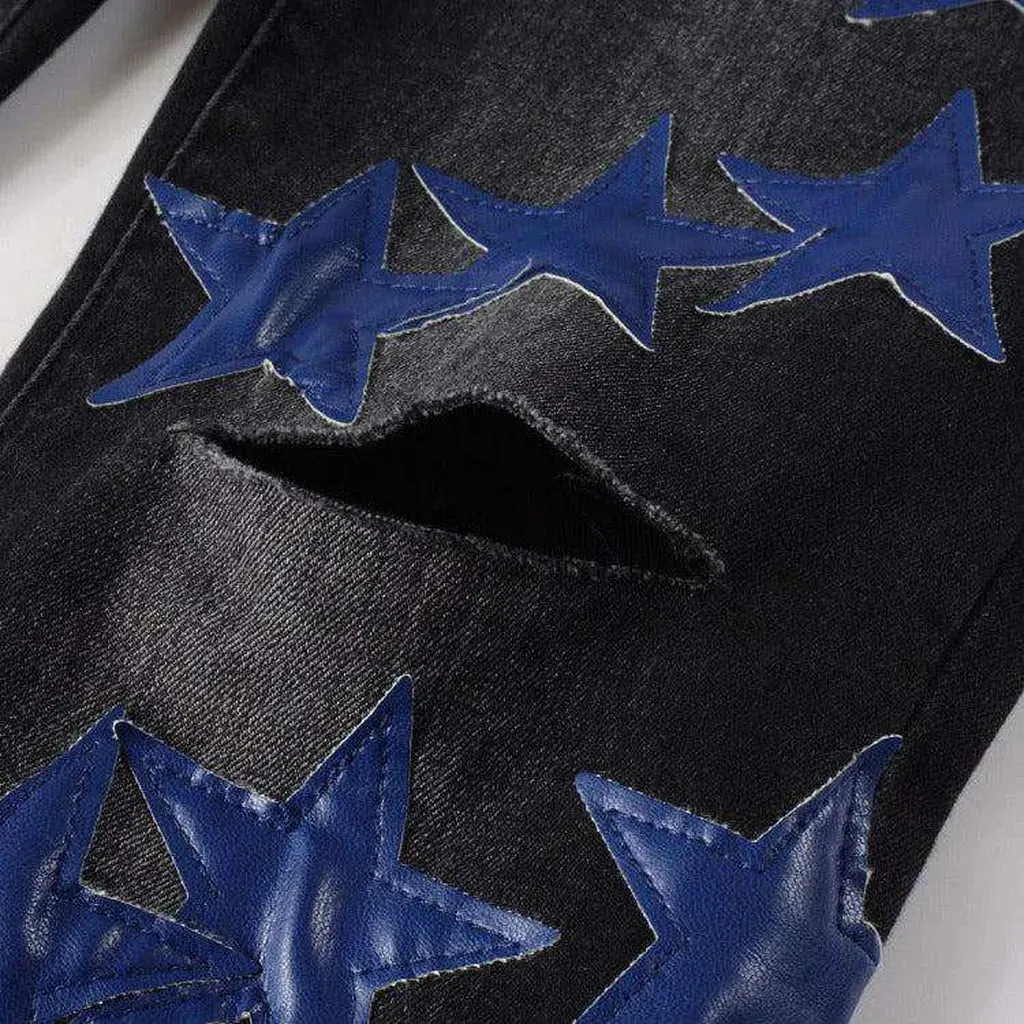 Blue star embroidery black jeans