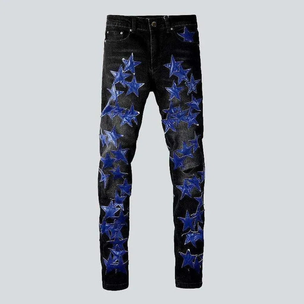 Blue star embroidery black jeans