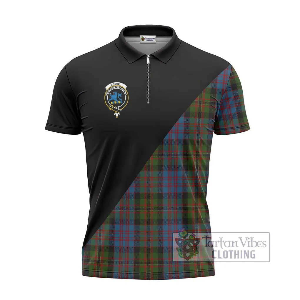 Bowie Tartan Zipper Polo Shirt with Family Crest and Military Logo Style