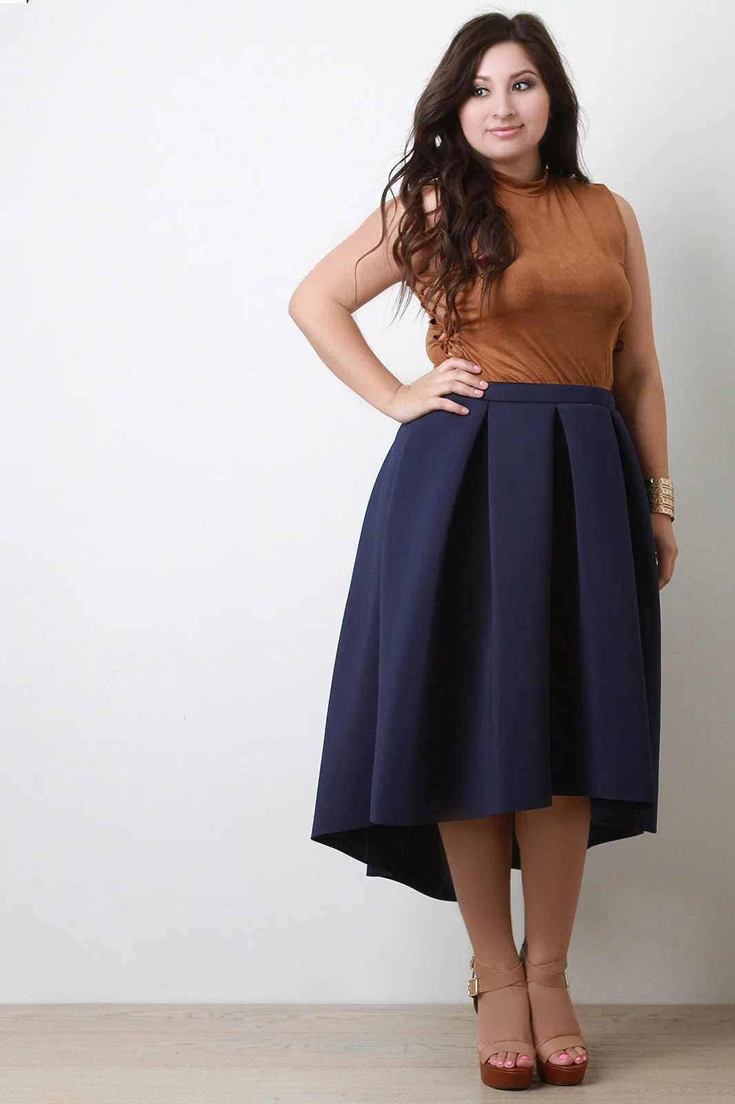 Boxy Pleat High Low Midi Skirt