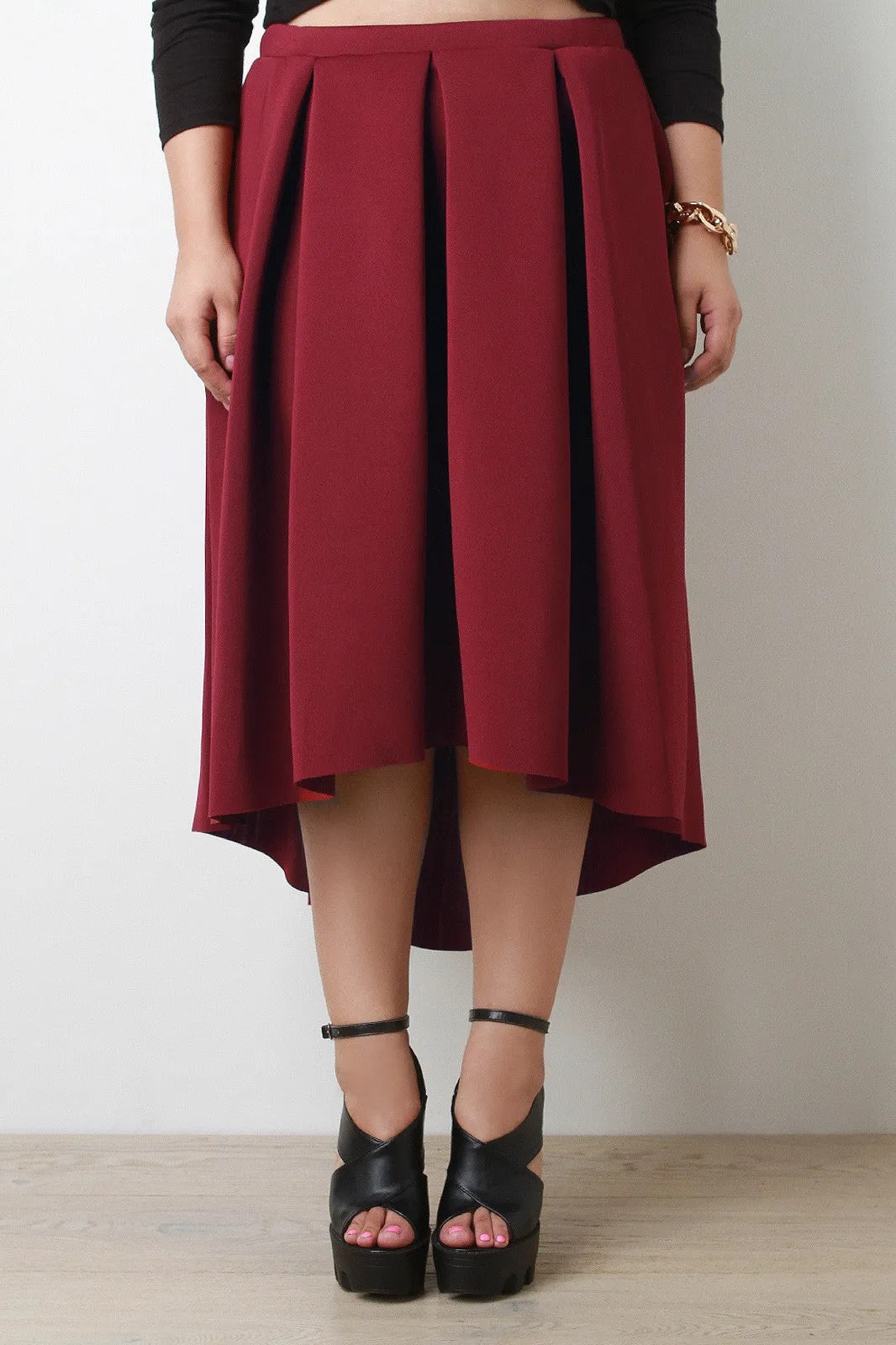 Boxy Pleat High Low Midi Skirt