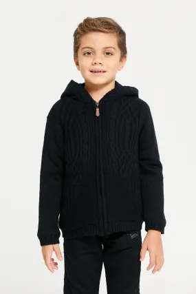 Boys Black Zip Thur Fur Lining Hooded Cardigan