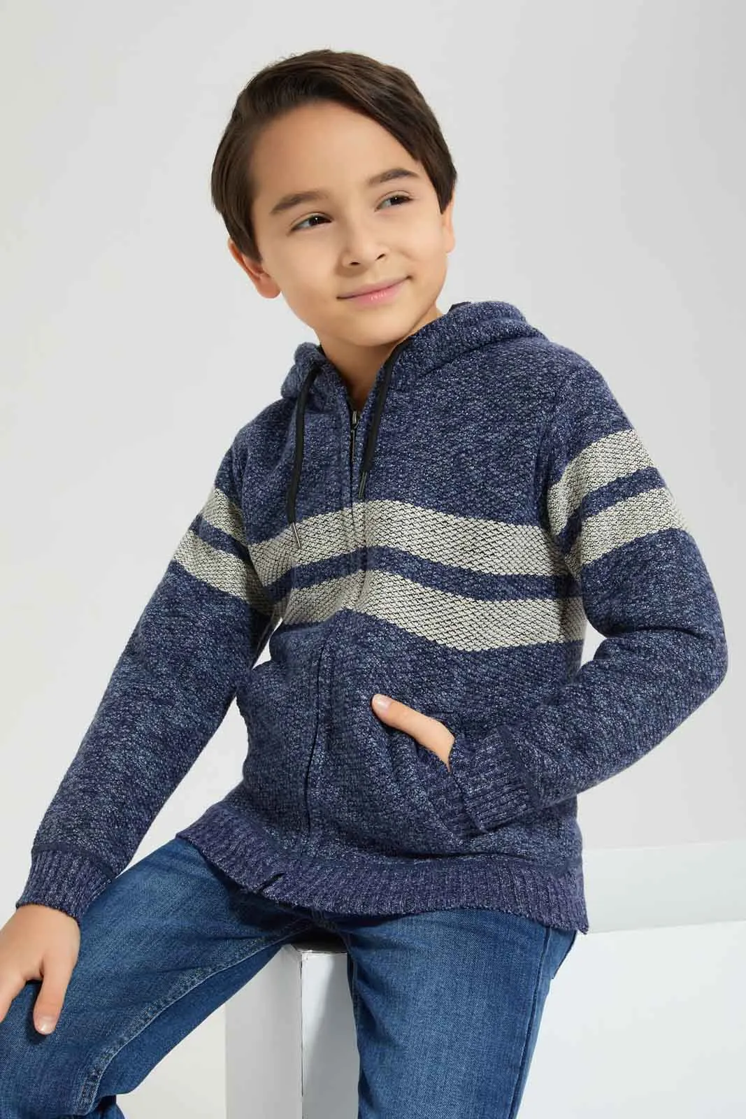 Boys Blue Hooded Cardigan With Zipper