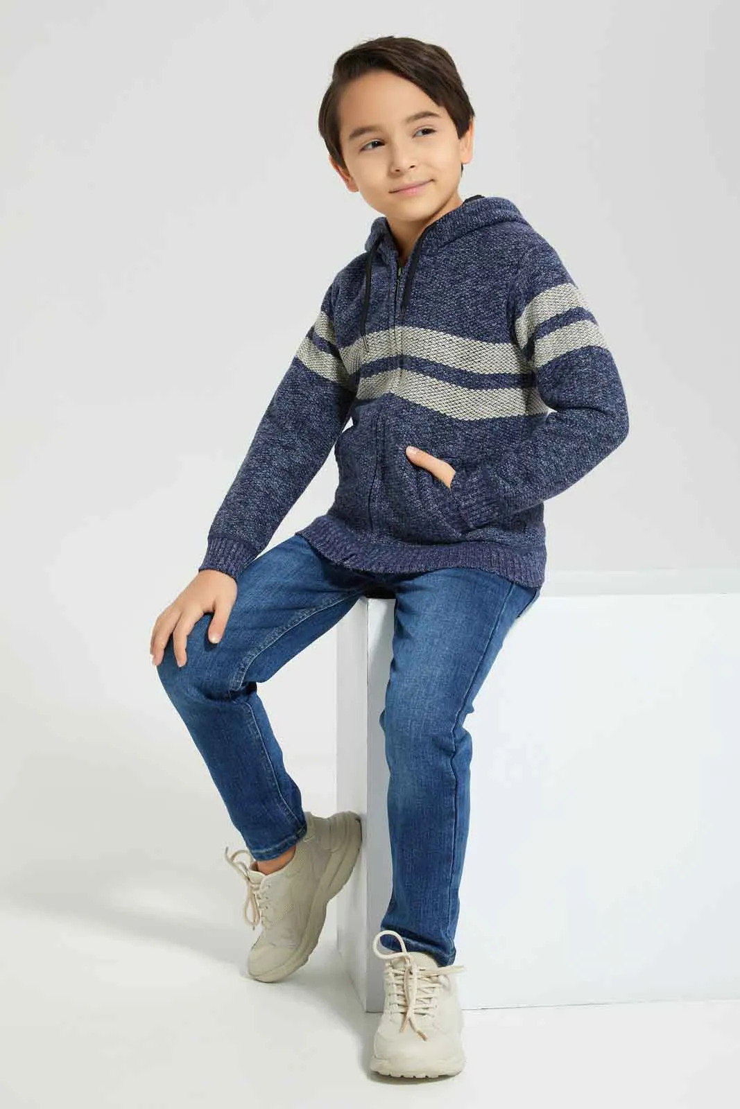 Boys Blue Hooded Cardigan With Zipper