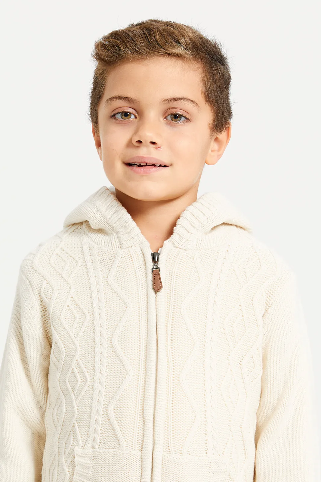 Boys Cream Zip Thur Fur Lining Hooded Cardigan