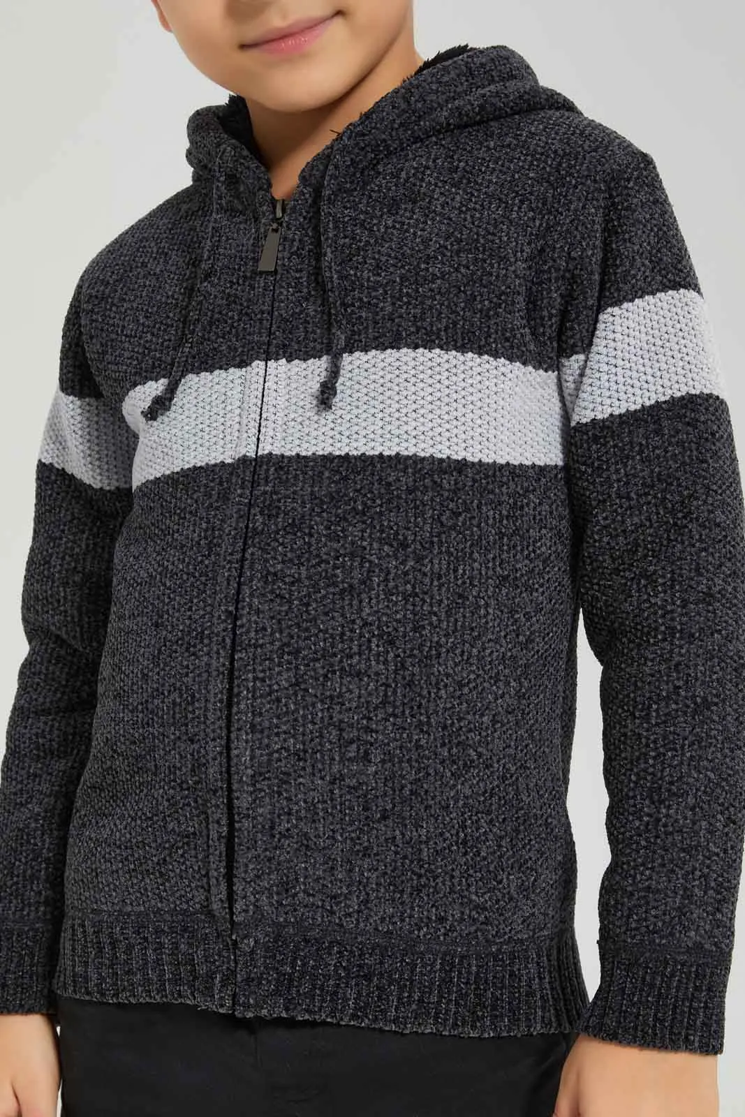 Boys Grey Striped Hooded Cardigan With Zipper