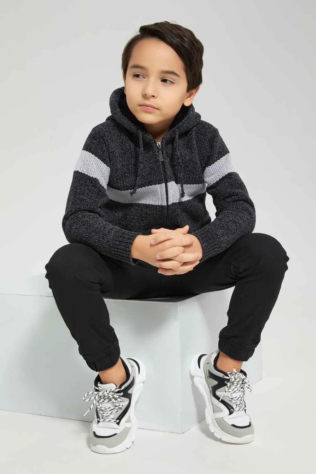 Boys Grey Striped Hooded Cardigan With Zipper